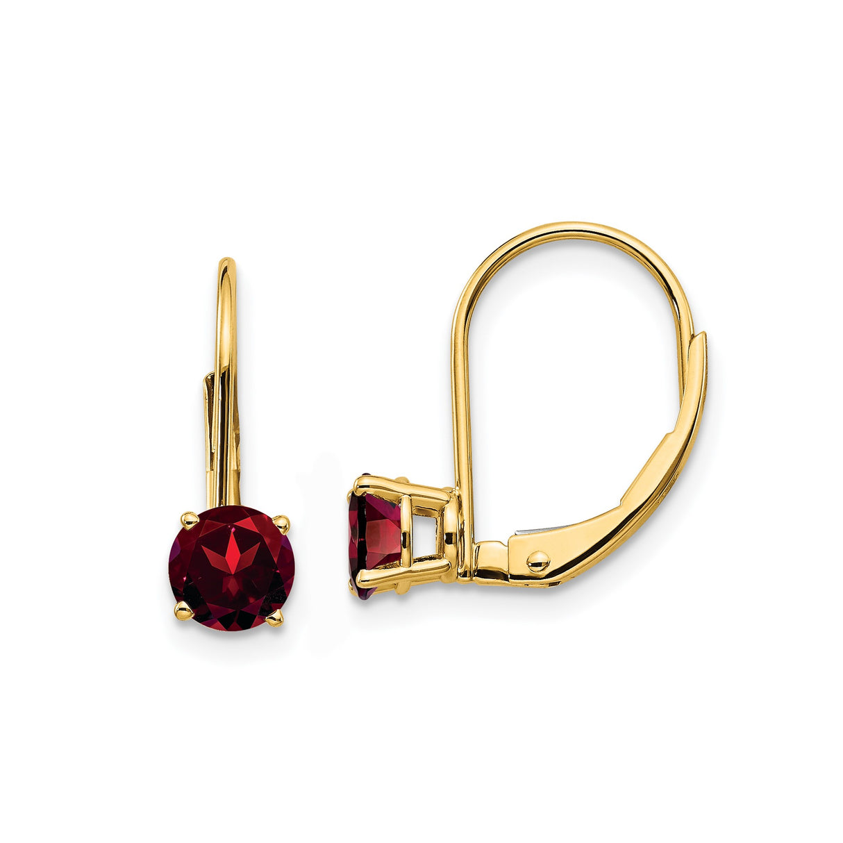 14k Yellow Gold Leverback Earrings with Red Garnet, Classic Prong Setting, January Birthstone