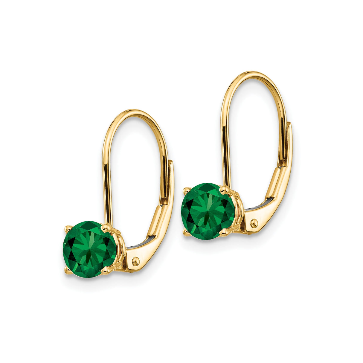 14k Yellow Gold Leverback Earrings with Round Green Helenite, Solitaire Dangle Design