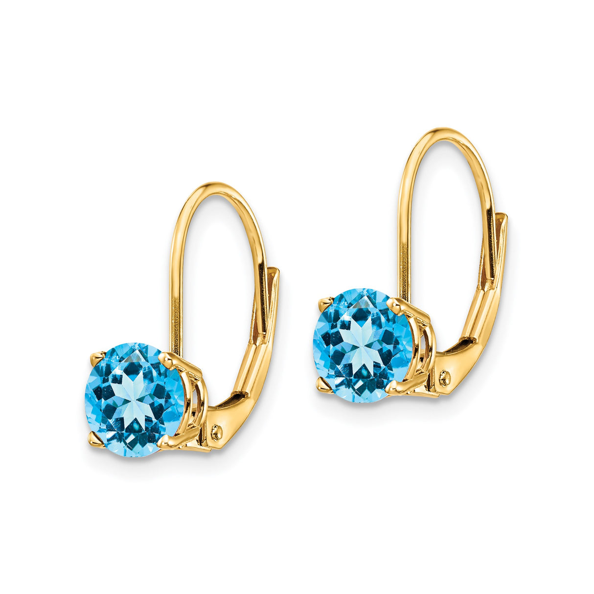 14K Yellow Gold Leverback Earrings Blue Topaz Four Prong