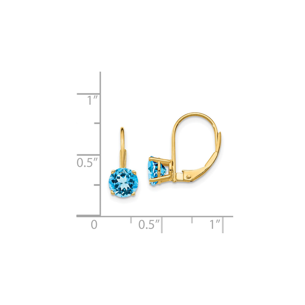 14K Yellow Gold Leverback Earrings Blue Topaz Four Prong