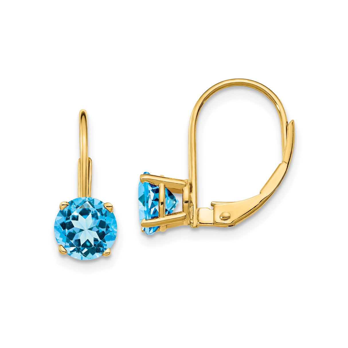 14k Yellow Gold Leverback Earrings for Women with Round Blue Topaz in Four Prong Setting, Elegant Minimalist Gemstone Drop Design, Real Gold Fine Jewelry, Classic Birthstone Accessory