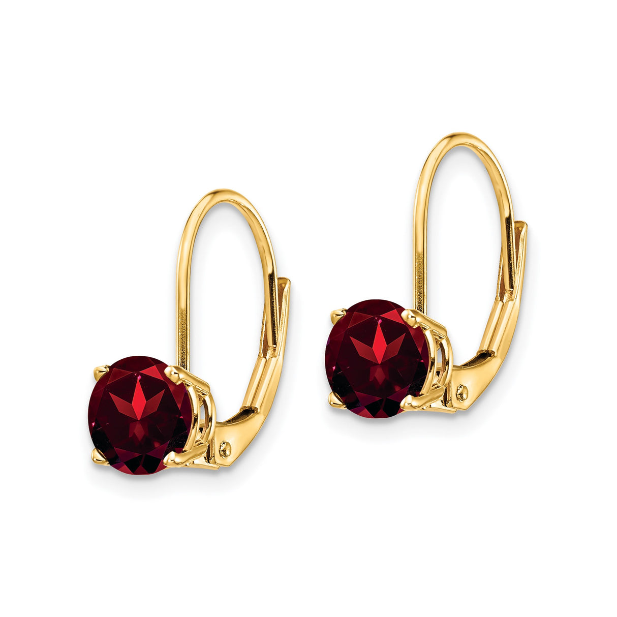 14k Yellow Gold Leverback Earrings with Round Garnet, Classic Dangle Design for Women