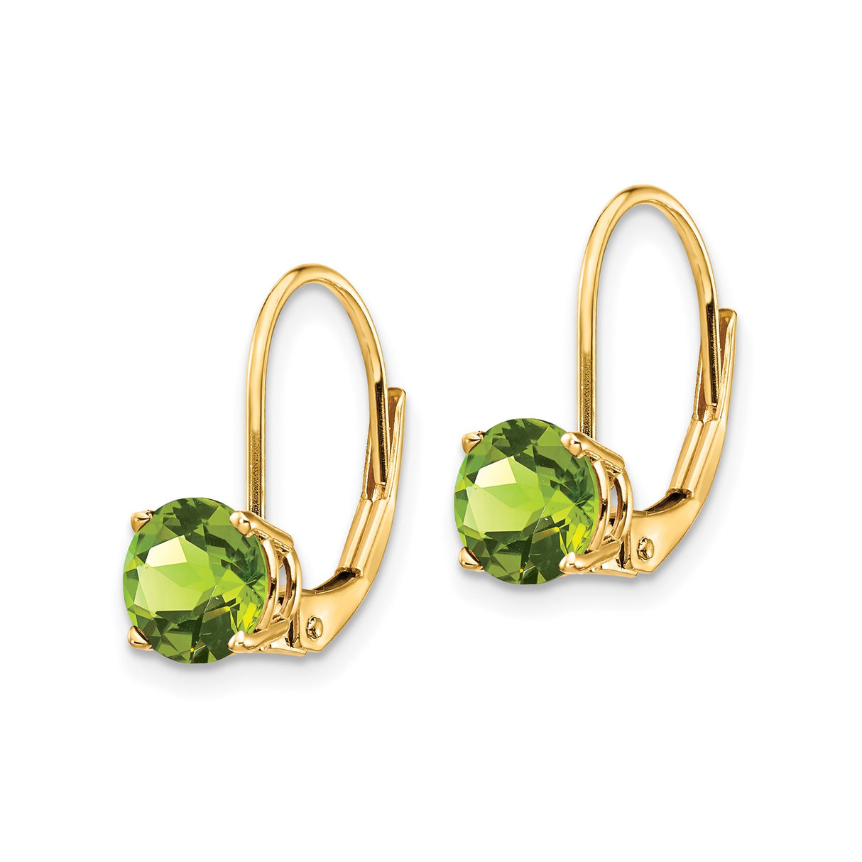 14k Yellow Gold Leverback Earrings with Peridot, Four Prong Dangle Design
