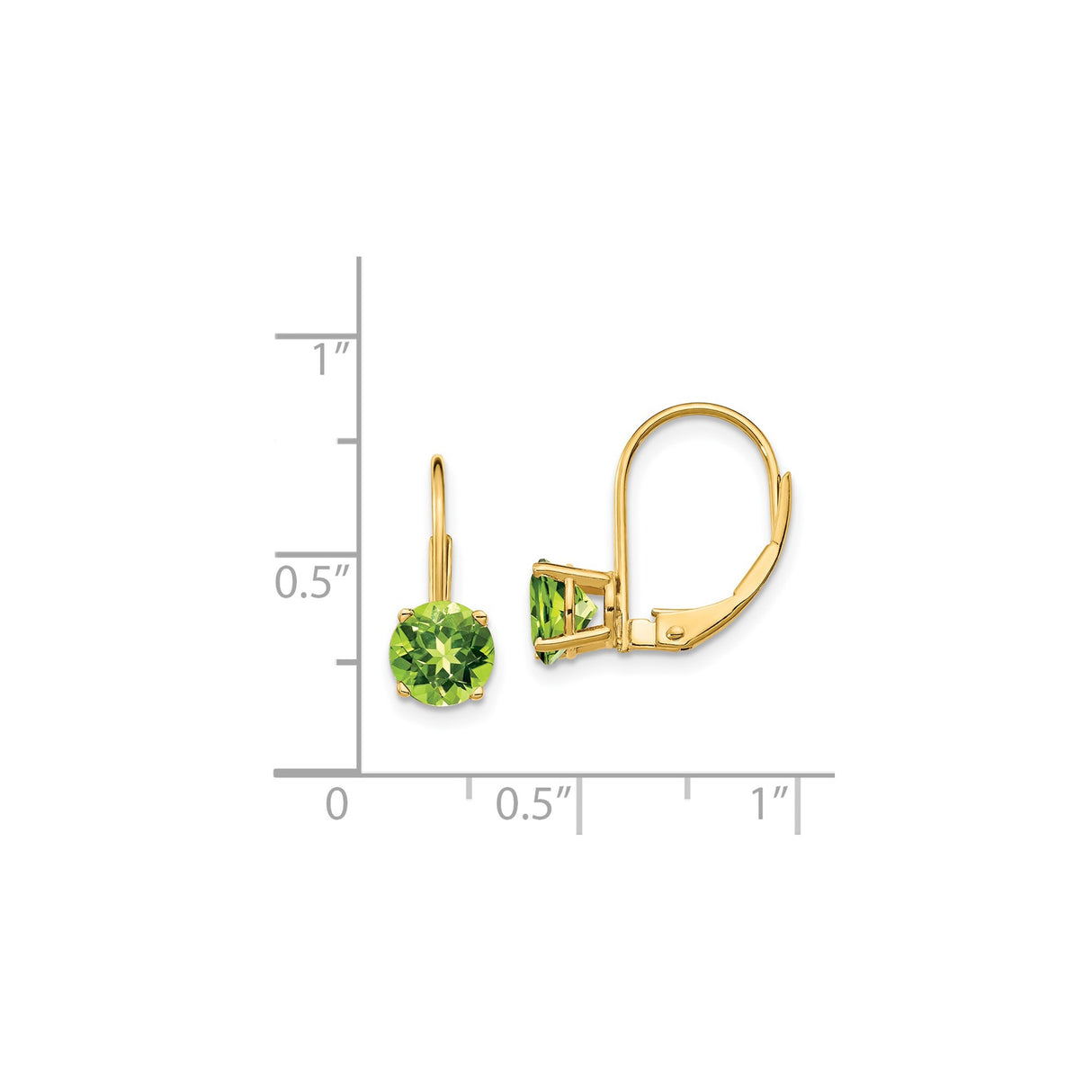 14k Yellow Gold Leverback Earrings with Peridot, Four Prong Dangle Design