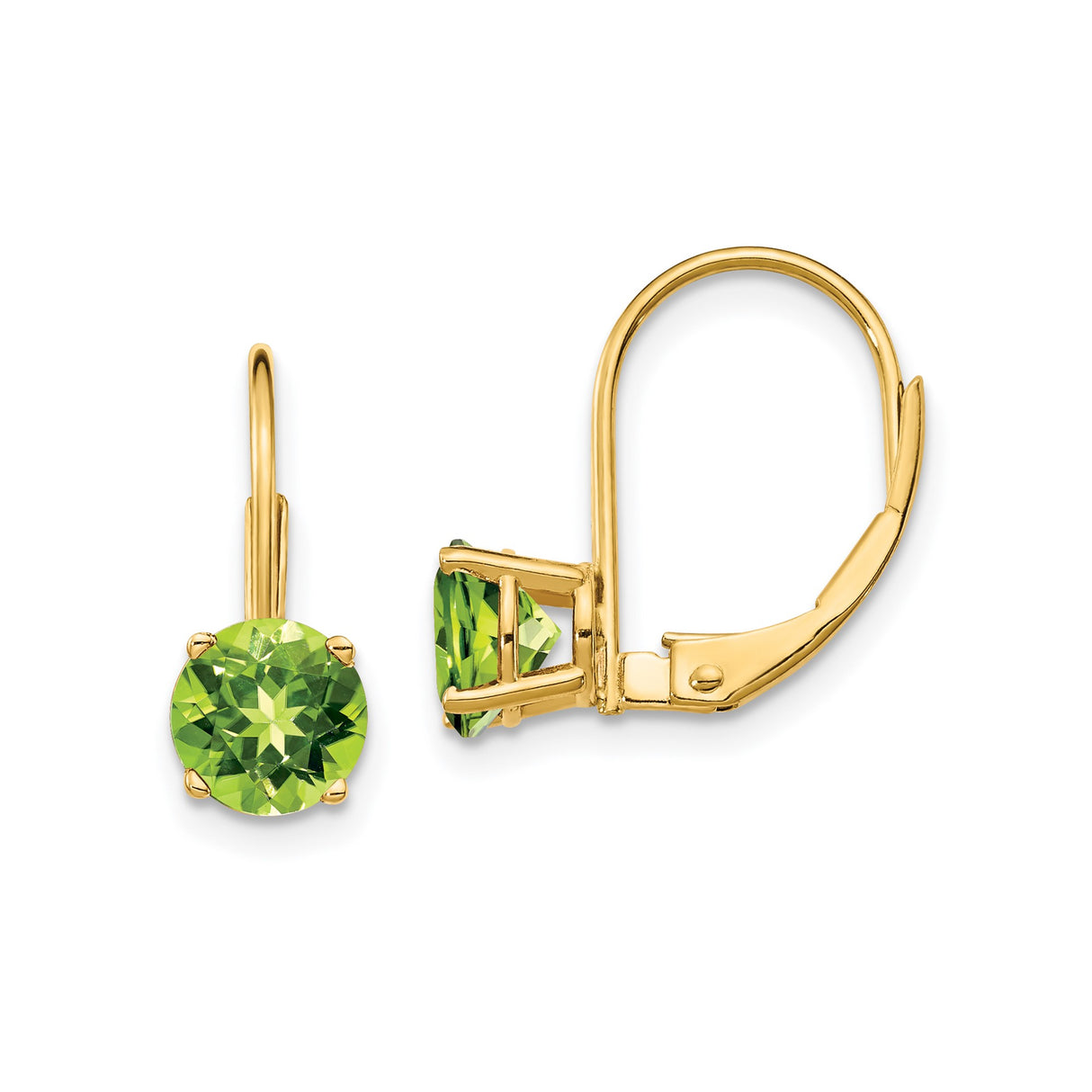 14k Yellow Gold Leverback Earrings with Peridot, Four Prong Dangle Design
