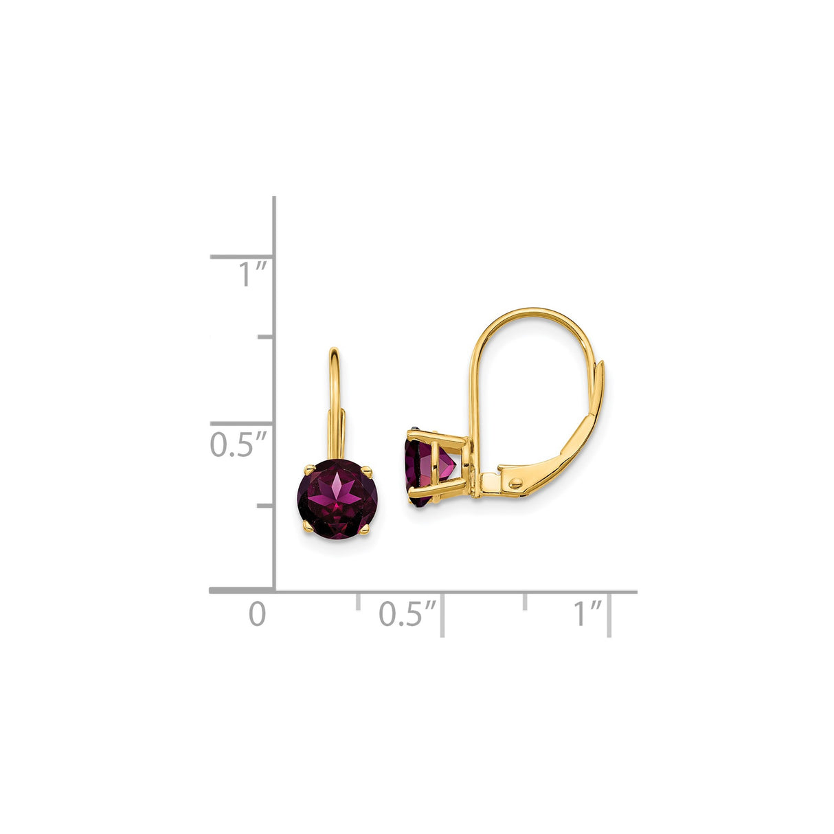 14k Yellow Gold Leverback Earrings with Rhodolite Garnet, Prong Set Drop Style