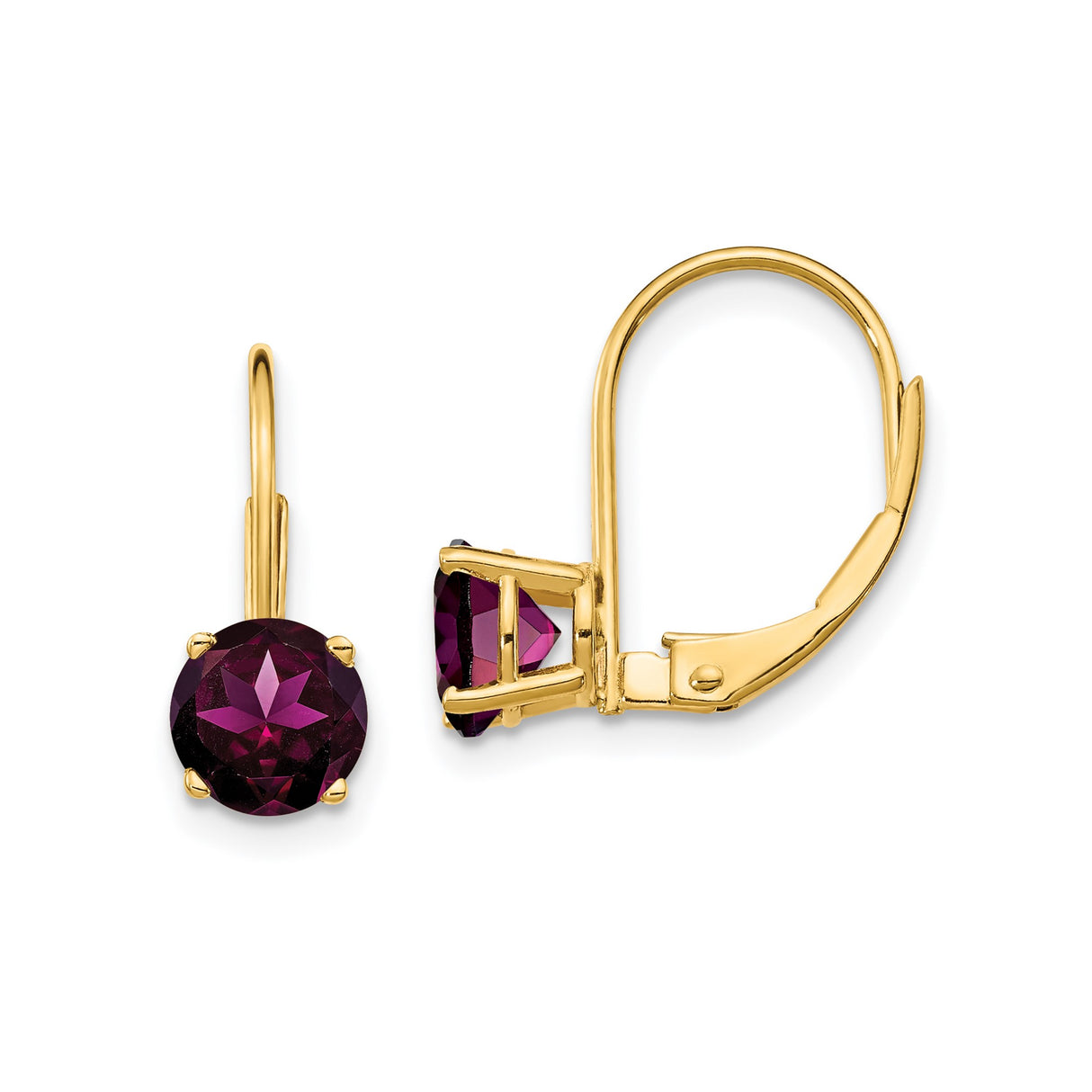 14k Yellow Gold Leverback Earrings with Rhodolite Garnet, Prong Set Drop Style