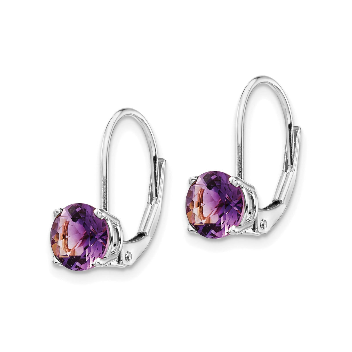 14k White Gold Drop Earrings with Amethyst, Round Cut Gemstone, Leverback Design