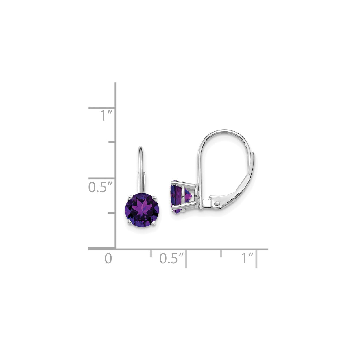 14k White Gold Drop Earrings with Amethyst, Round Cut Gemstone, Leverback Design