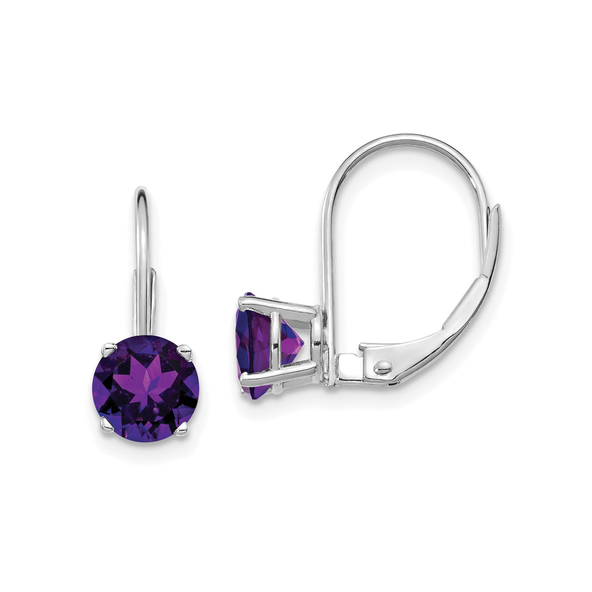 14k White Gold Drop Earrings with Amethyst, Round Cut Gemstone, Leverback Design