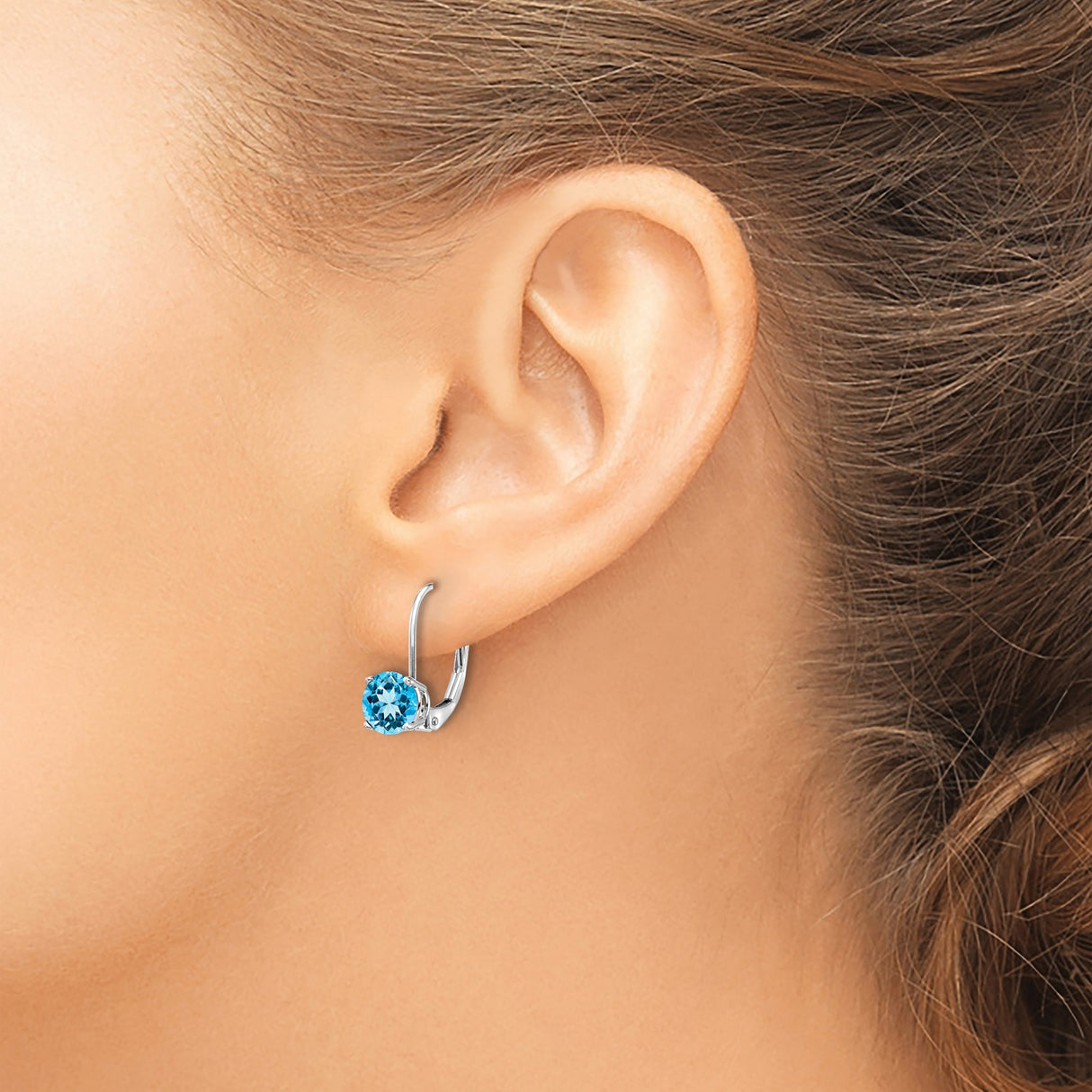 14k White Gold Leverback Earrings with Swiss Blue Topaz, Dangle Minimalist Design