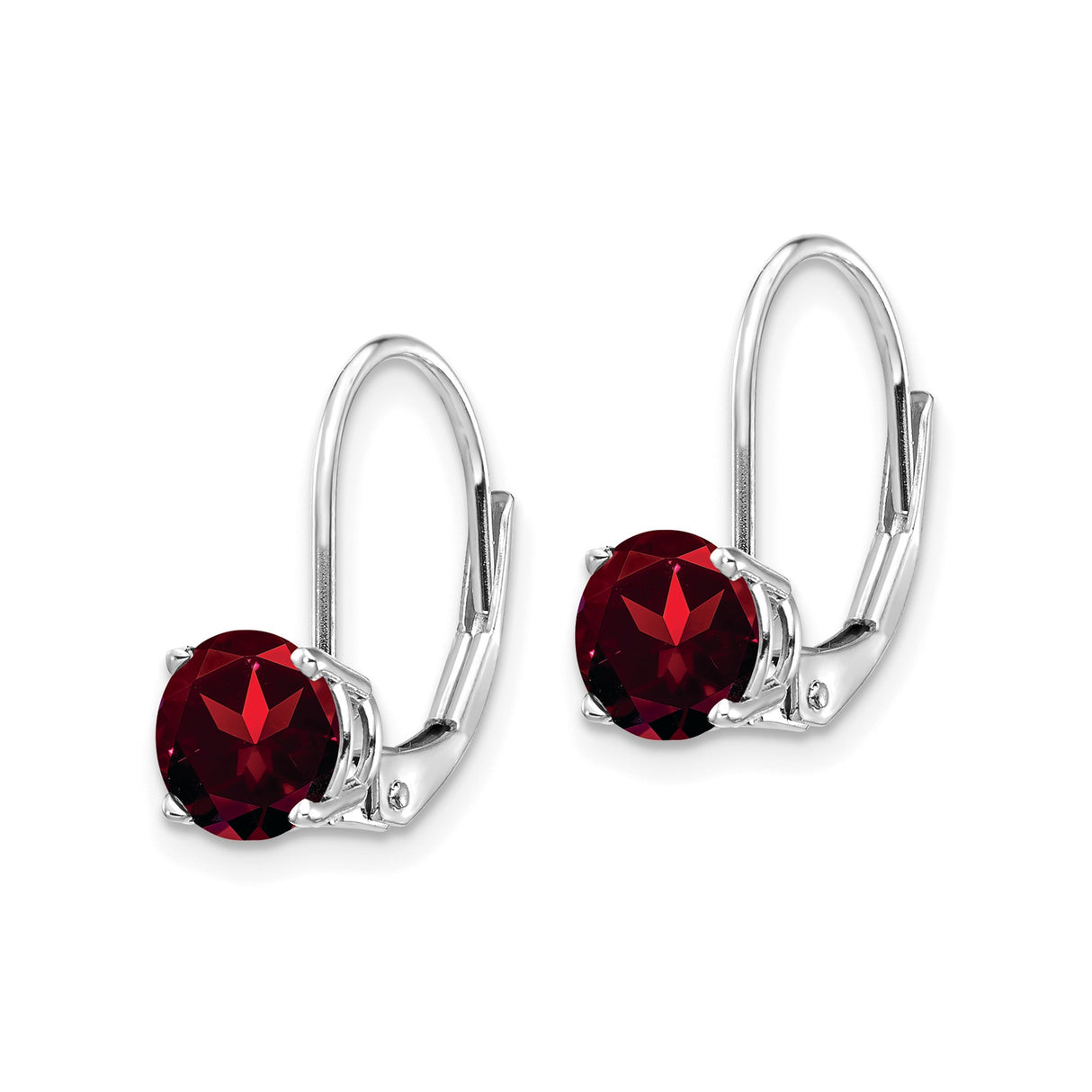 14k White Gold Leverback Earrings with Garnet, Classic January Birthstone Dangle Design