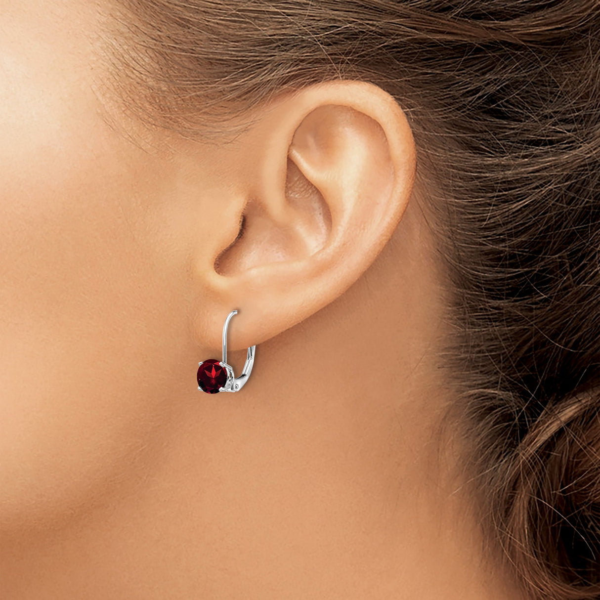 14k White Gold Leverback Earrings with Garnet, Classic January Birthstone Dangle Design