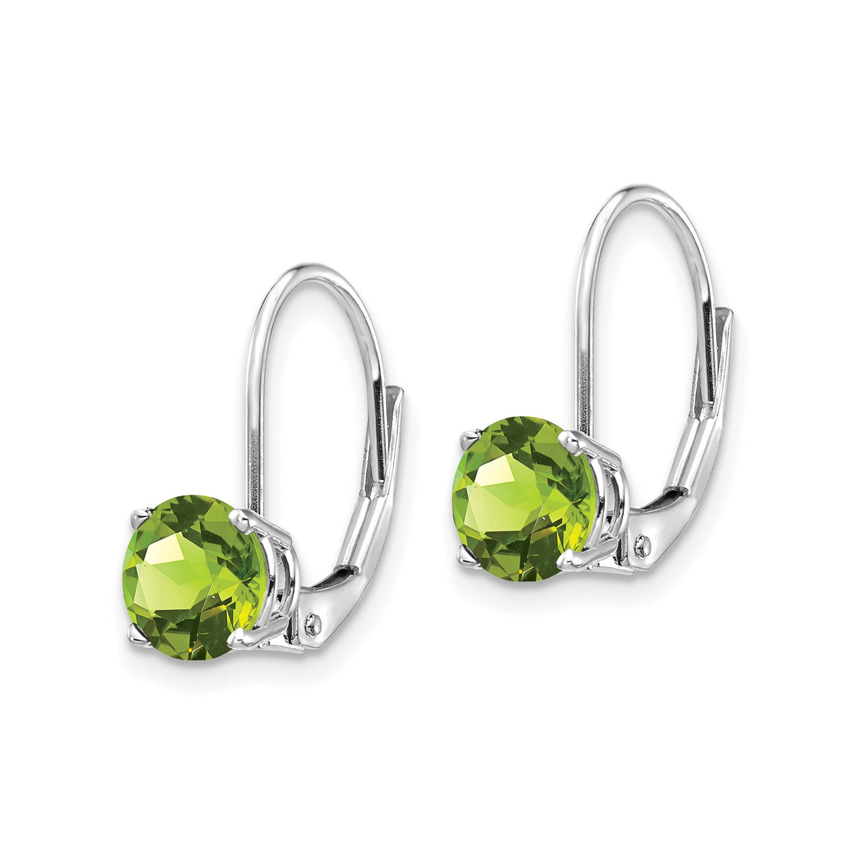 14k White Gold Leverback Earrings with Round Peridot Gemstones, August Birthstone Jewelry
