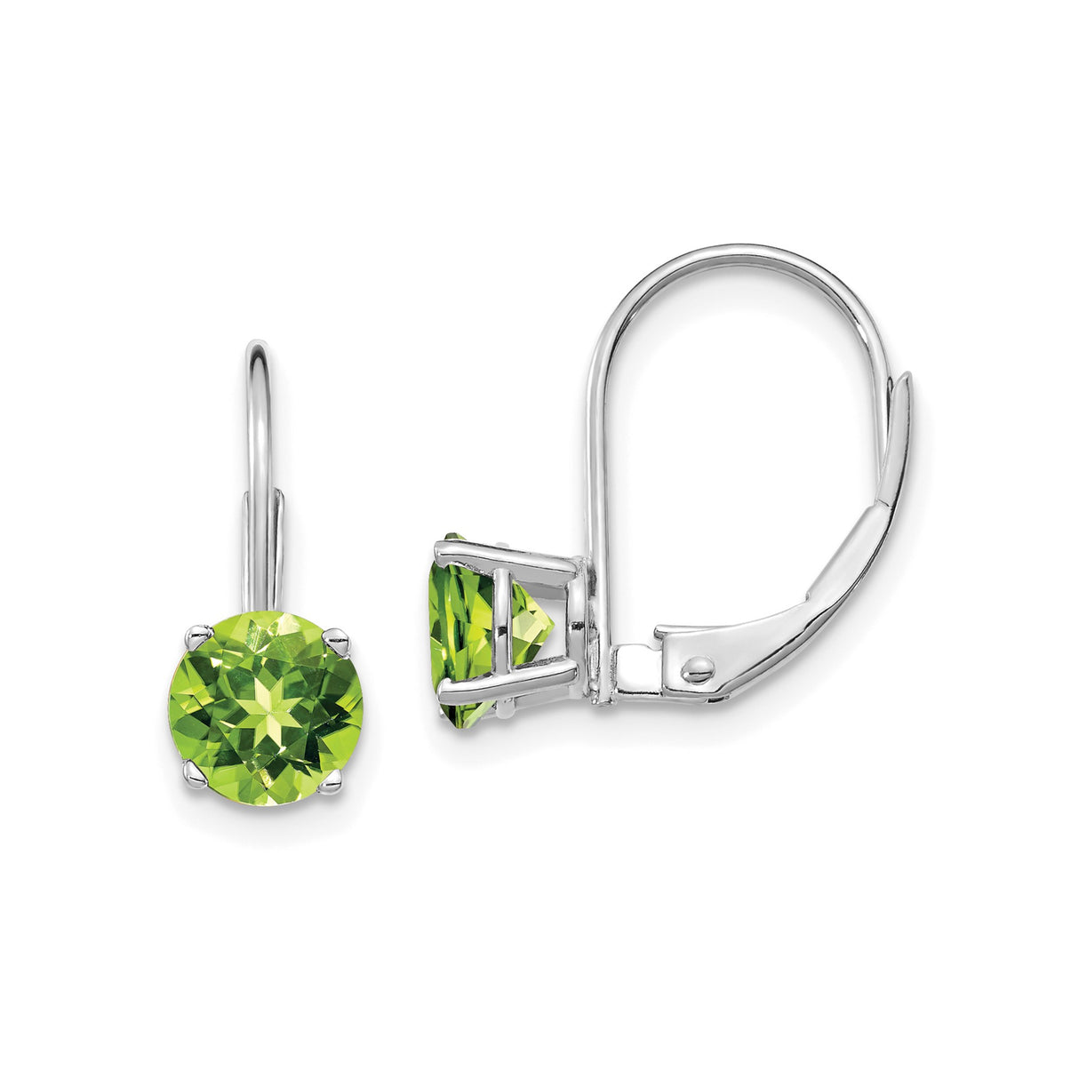 14k White Gold Leverback Earrings with Round Peridot Gemstones, August Birthstone Jewelry
