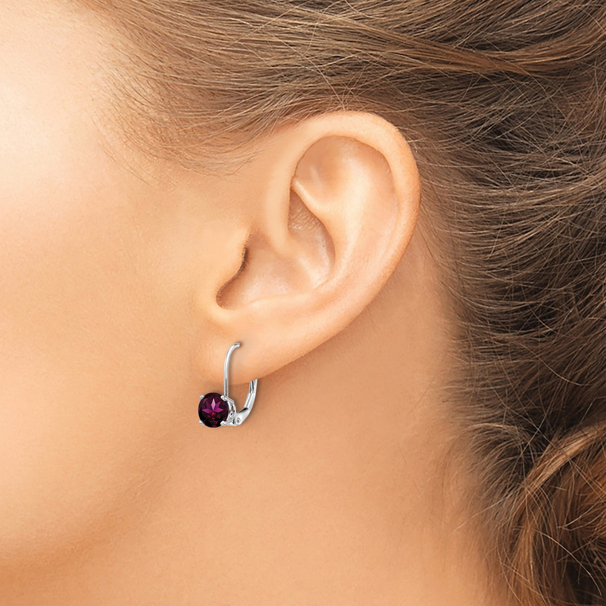 14k White Gold Leverback Earrings with Rhodolite Garnet, Dangle Design for Women