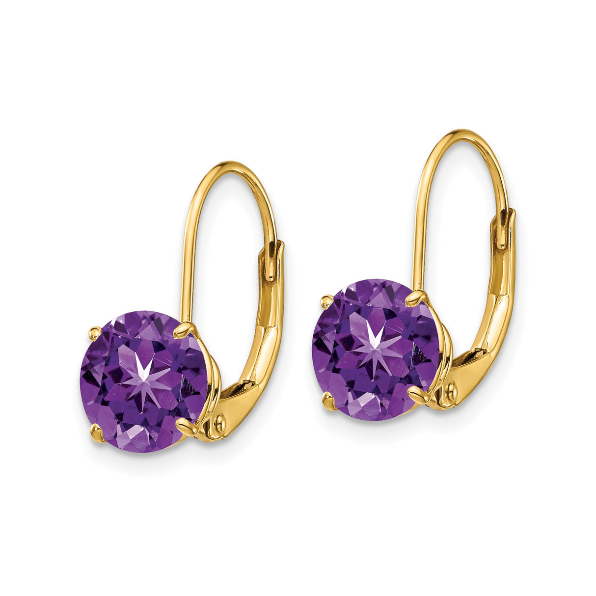 14k Yellow Gold Leverback Earrings with Round Amethyst Drops for Women