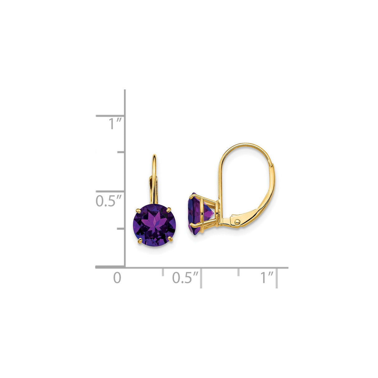 14k Yellow Gold Leverback Earrings with Round Amethyst Drops for Women