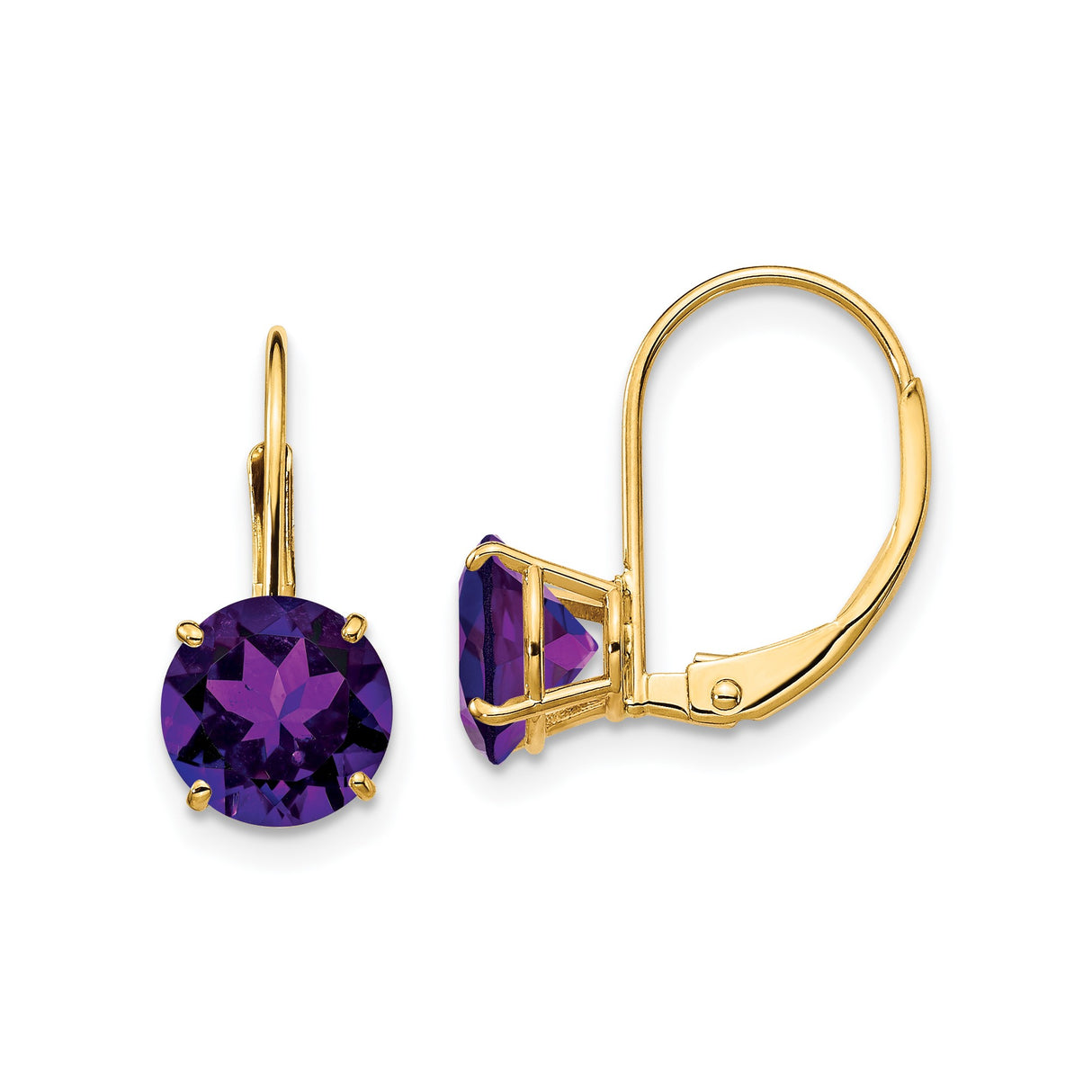 14k Yellow Gold Leverback Earrings with Round Amethyst Drops for Women