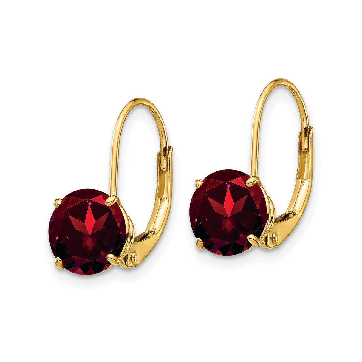 14k Yellow Gold Leverback Earrings with Round Garnet, Drop Style for Women
