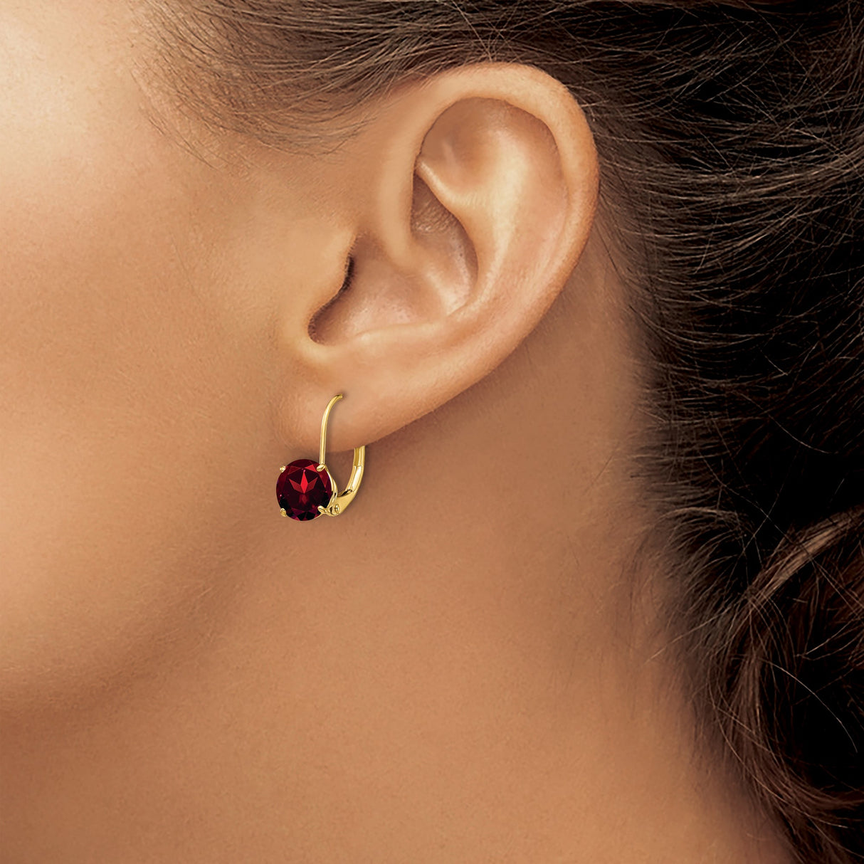 14k Yellow Gold Leverback Earrings with Round Garnet, Drop Style for Women