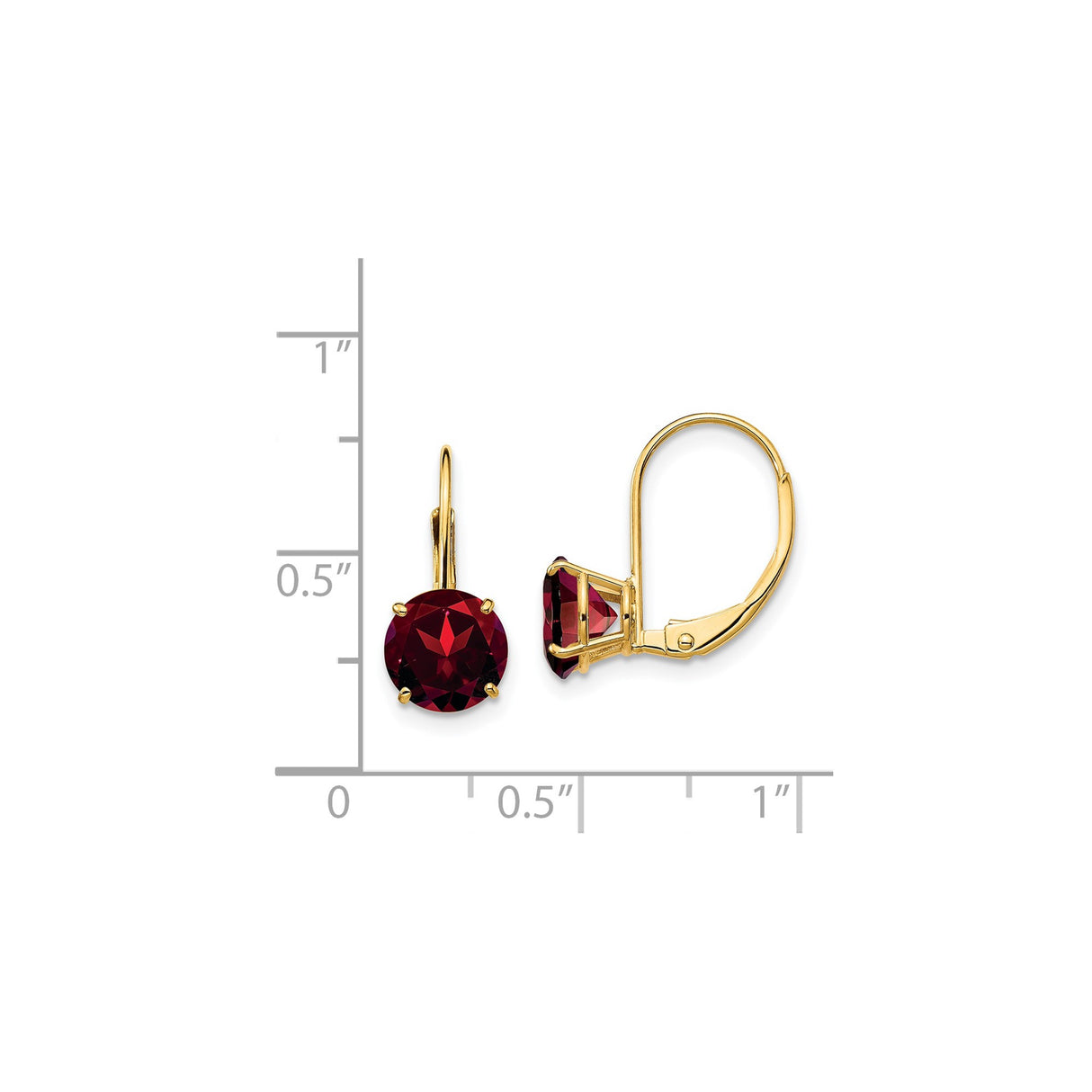 14k Yellow Gold Leverback Earrings with Round Garnet, Drop Style for Women