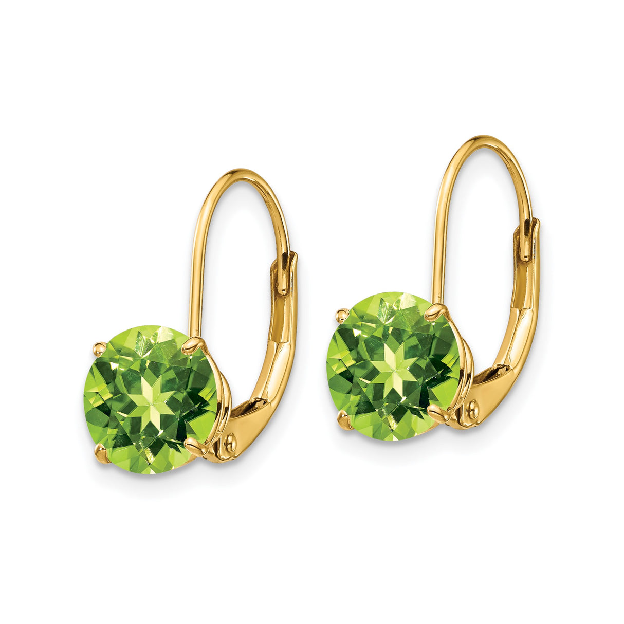 14k Yellow Gold Leverback Earrings with Round Peridot, Dangle Drop Design