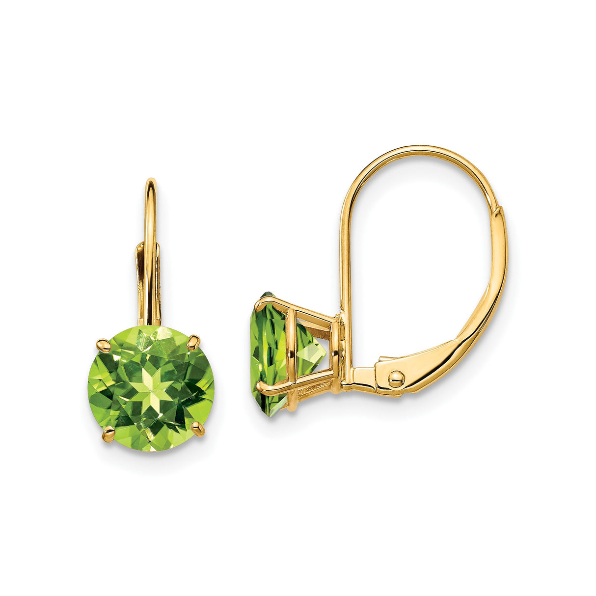 14k Yellow Gold Leverback Earrings with Round Peridot, Dangle Drop Design