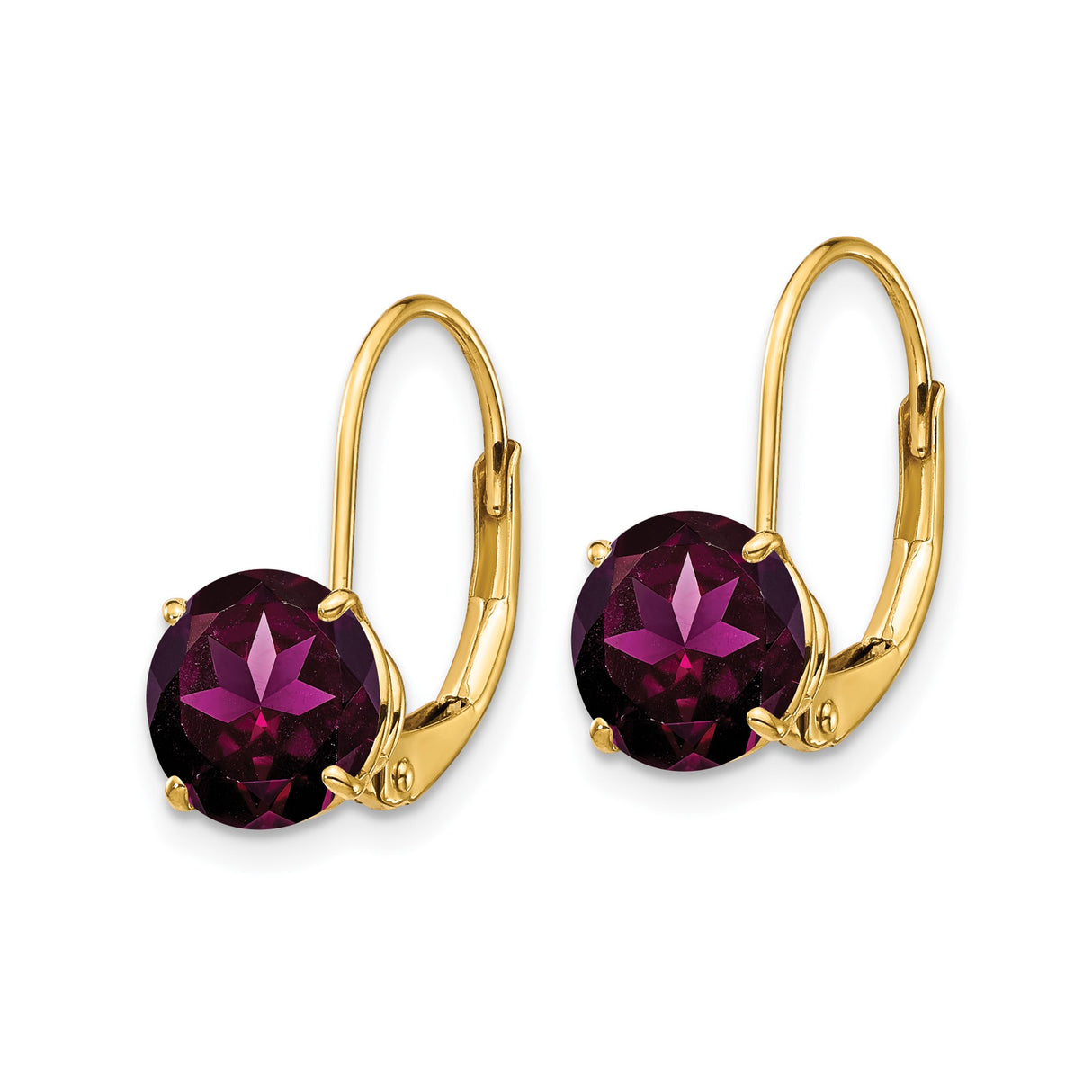 14k Yellow Gold Leverback Earrings with Rhodolite Garnet, Classic Prong Setting
