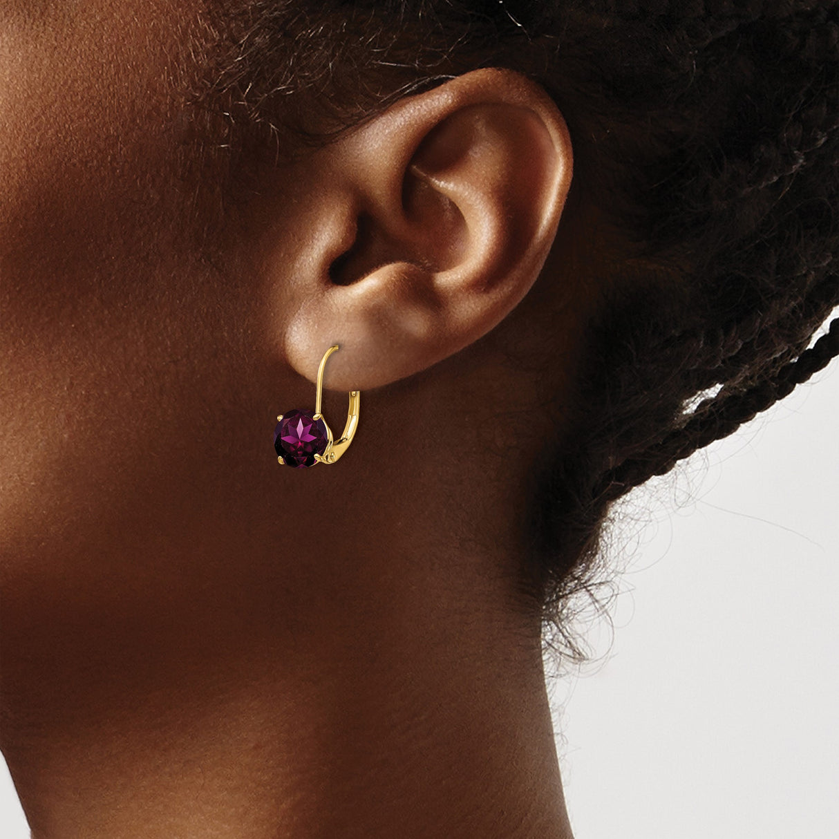14k Yellow Gold Leverback Earrings with Rhodolite Garnet, Classic Prong Setting