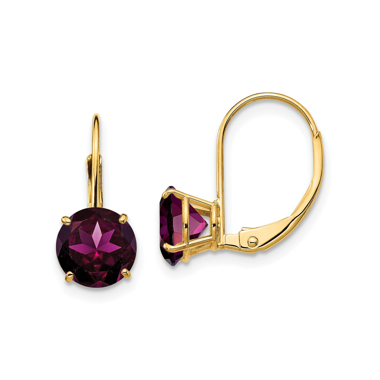 14k Yellow Gold Leverback Earrings with Rhodolite Garnet, Classic Prong Setting