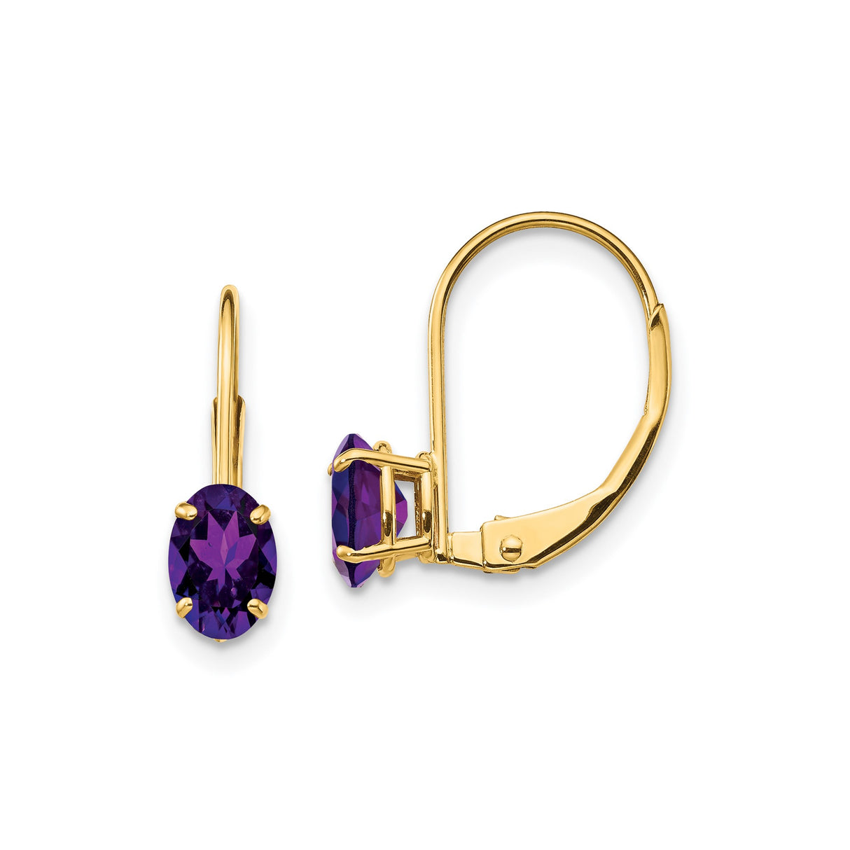 14k Yellow Gold Leverback Earrings with Oval Amethyst Drop, February Birthstone Dangle Jewelry