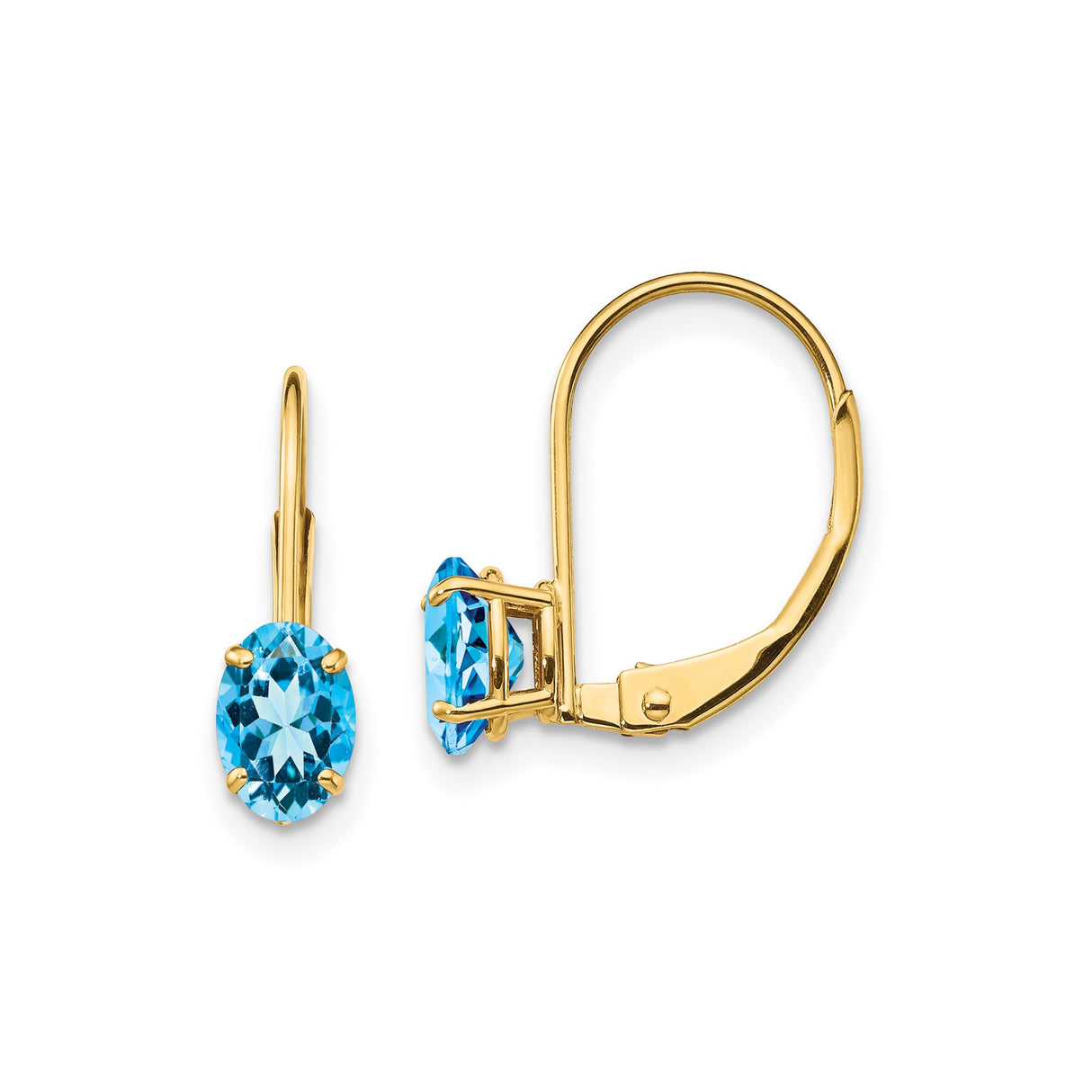 14k Yellow Gold Leverback Earrings with Swiss Blue Topaz, Oval Cut Drop Style