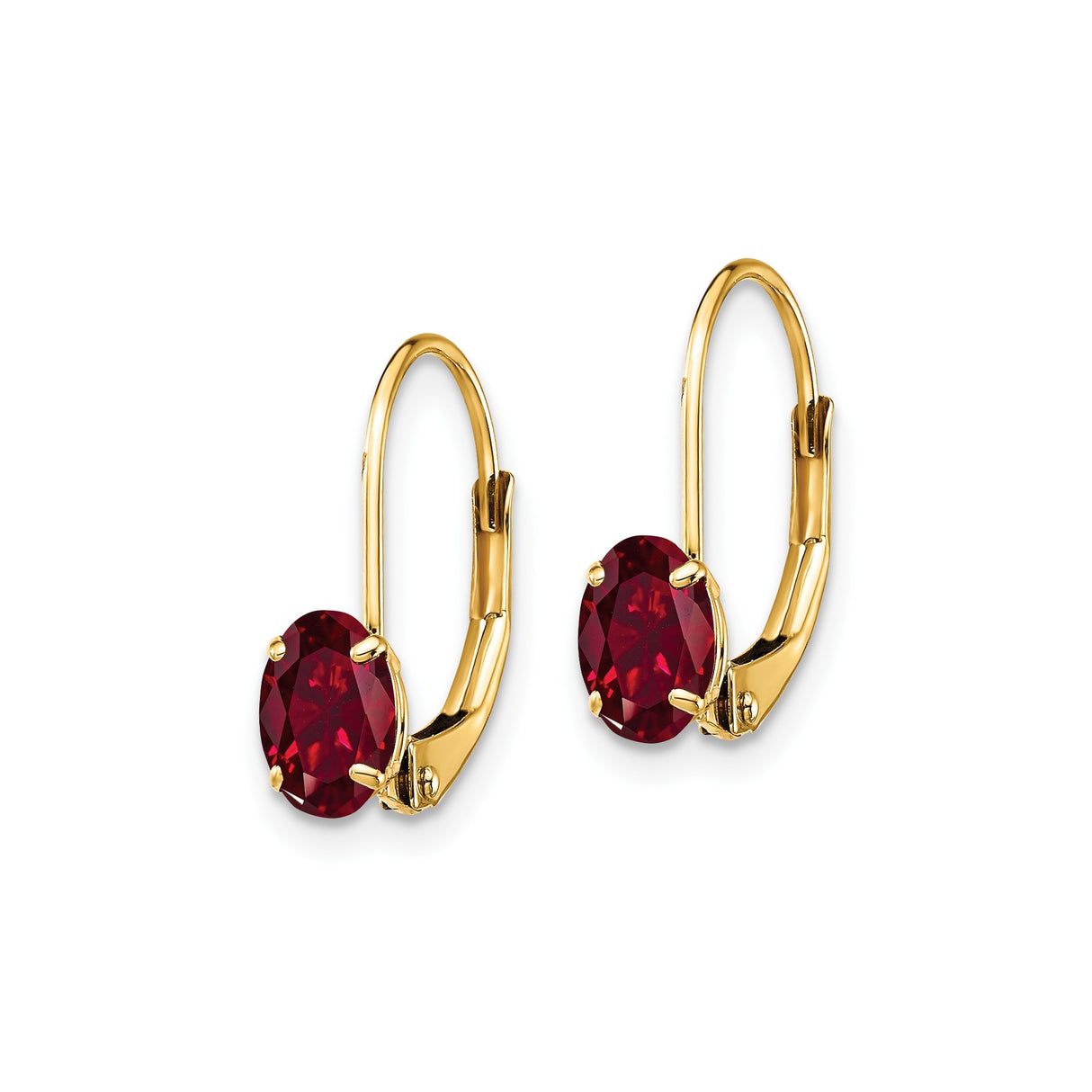 14k Yellow Gold Leverback Drop Earrings with Created Ruby Oval Gemstones, Romantic Style for Women