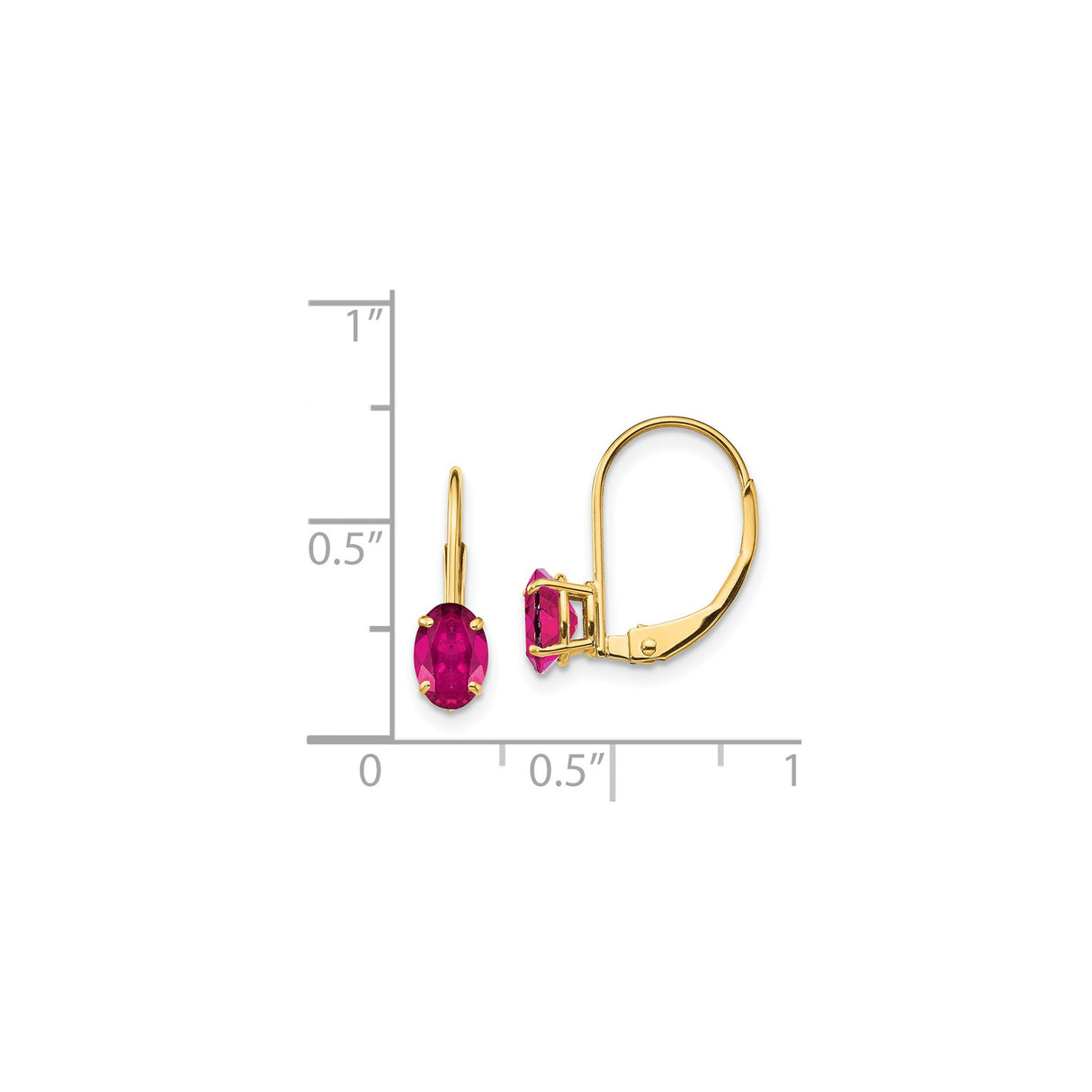 14k Yellow Gold Leverback Drop Earrings with Created Ruby Oval Gemstones, Romantic Style for Women