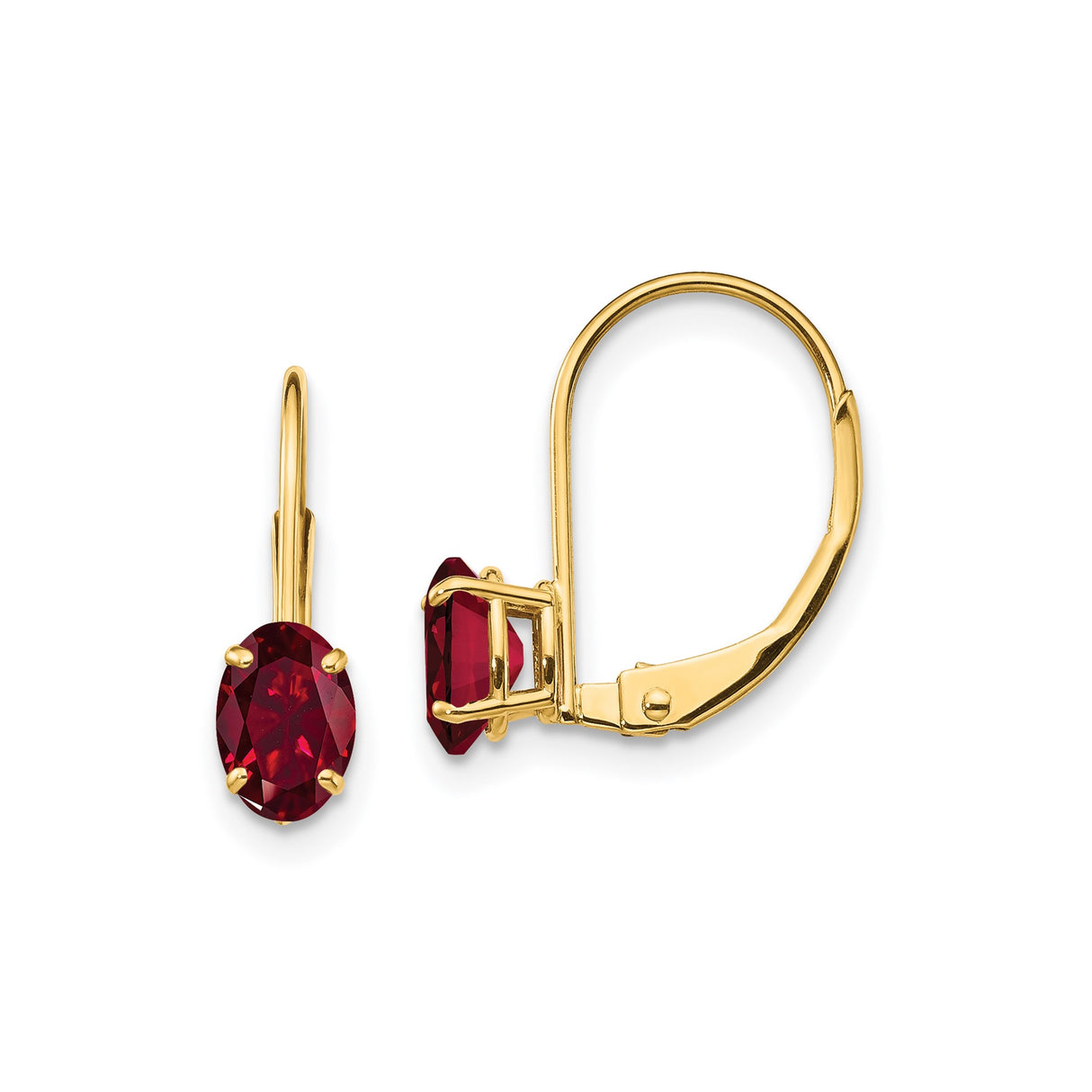 14k Yellow Gold Leverback Drop Earrings with Created Ruby Oval Gemstones, Romantic Style for Women