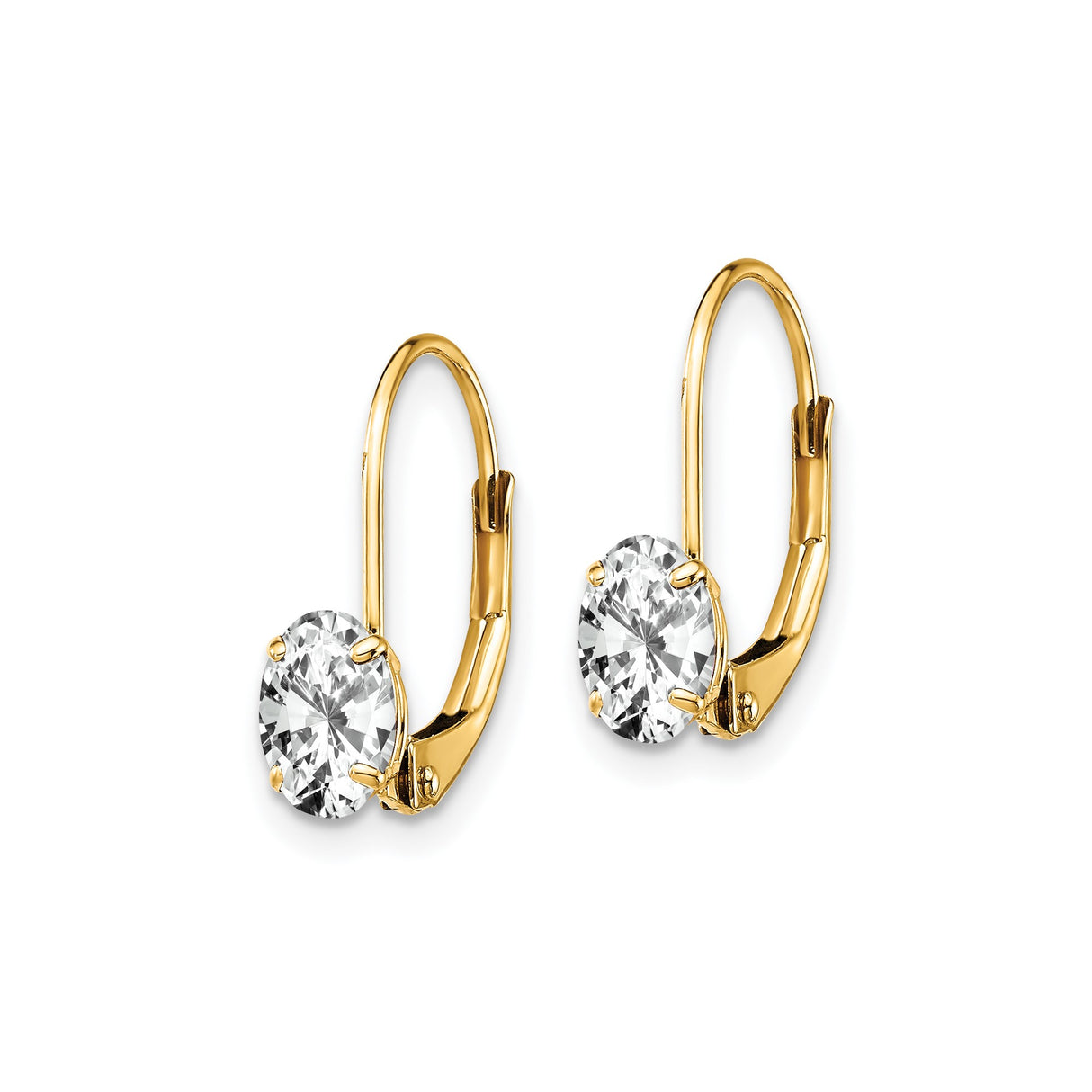14k Yellow Gold Leverback Earrings with Oval Cut Cubic Zirconia, Classic Drop Design