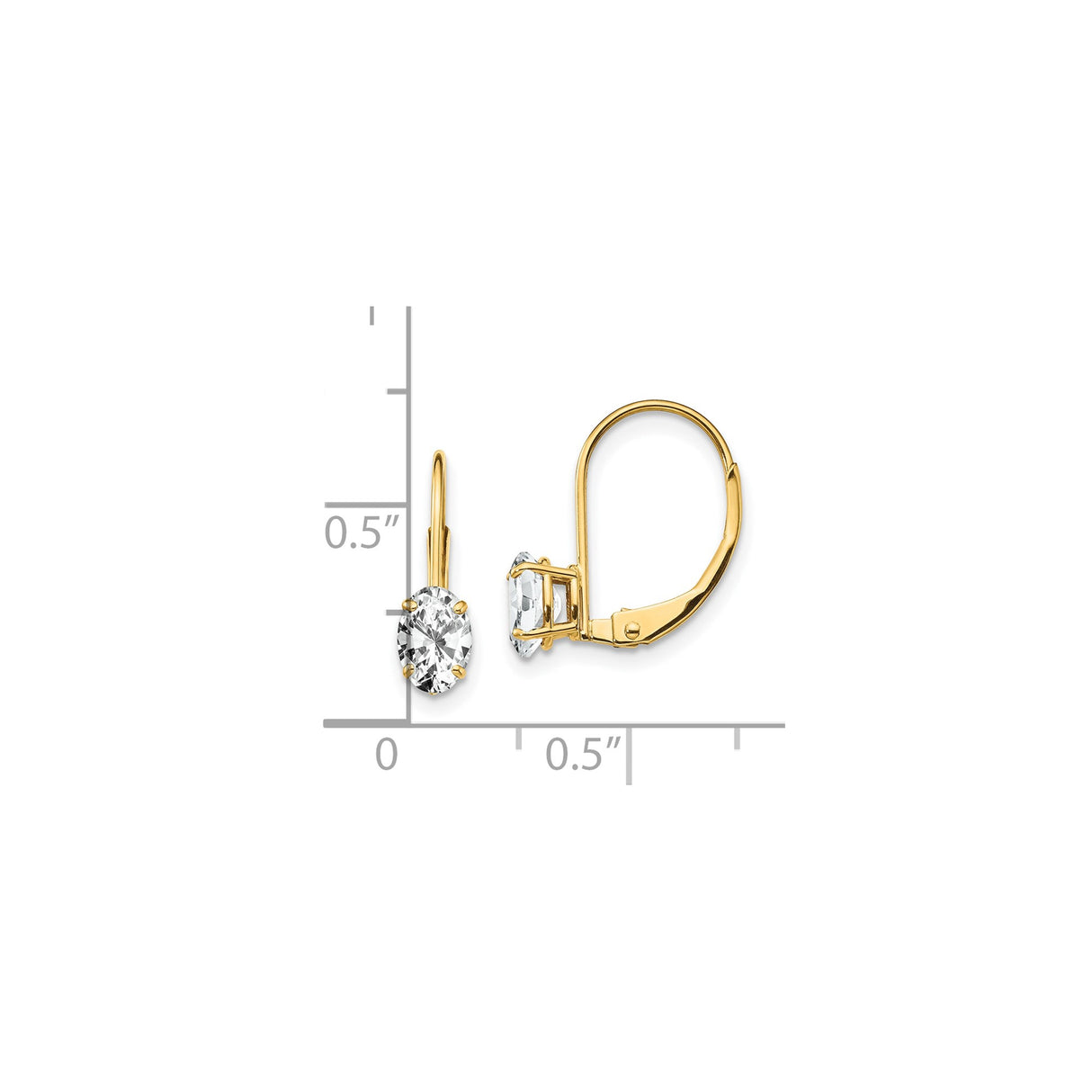 14k Yellow Gold Leverback Earrings with Oval Cut Cubic Zirconia, Classic Drop Design