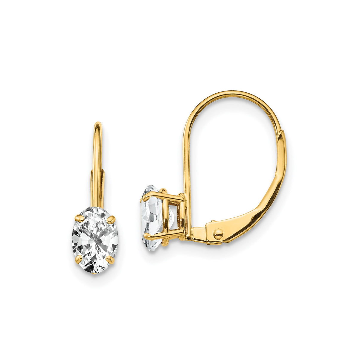 14k Yellow Gold Leverback Earrings with Oval Cut Cubic Zirconia, Classic Drop Design