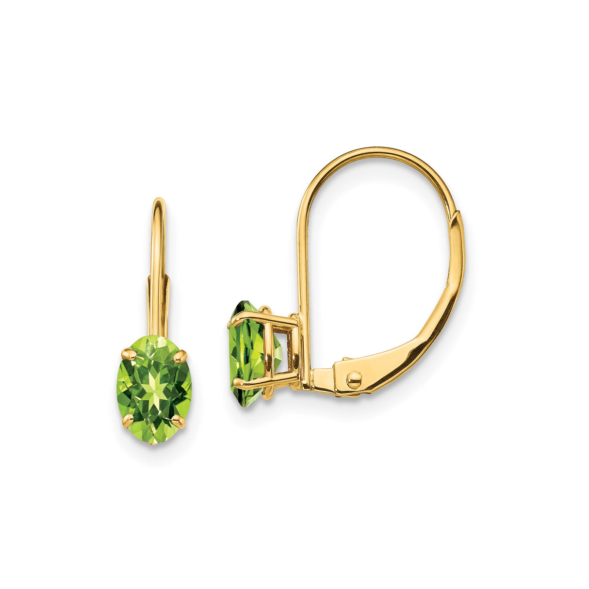14k Yellow Gold Leverback Earrings with Oval Peridot, August Birthstone Dangle Design