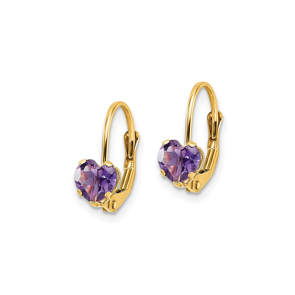 14k Yellow Gold Heart Drop Earrings with Amethyst, Romantic Leverback Design for Women