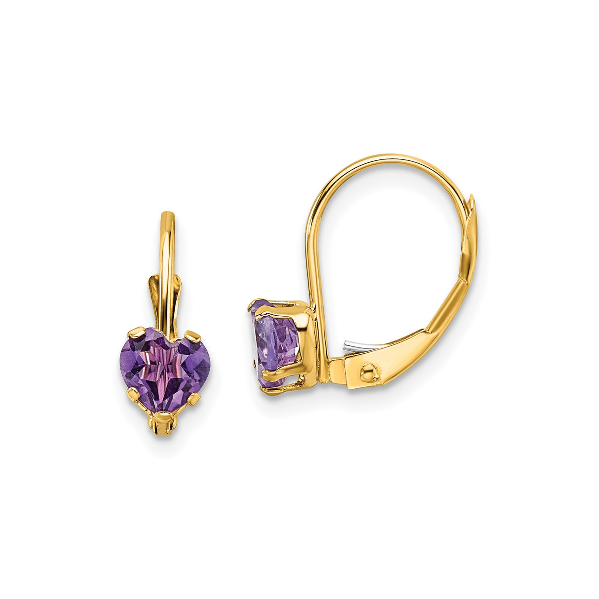 14k Yellow Gold Heart Drop Earrings with Amethyst, Romantic Leverback Design for Women