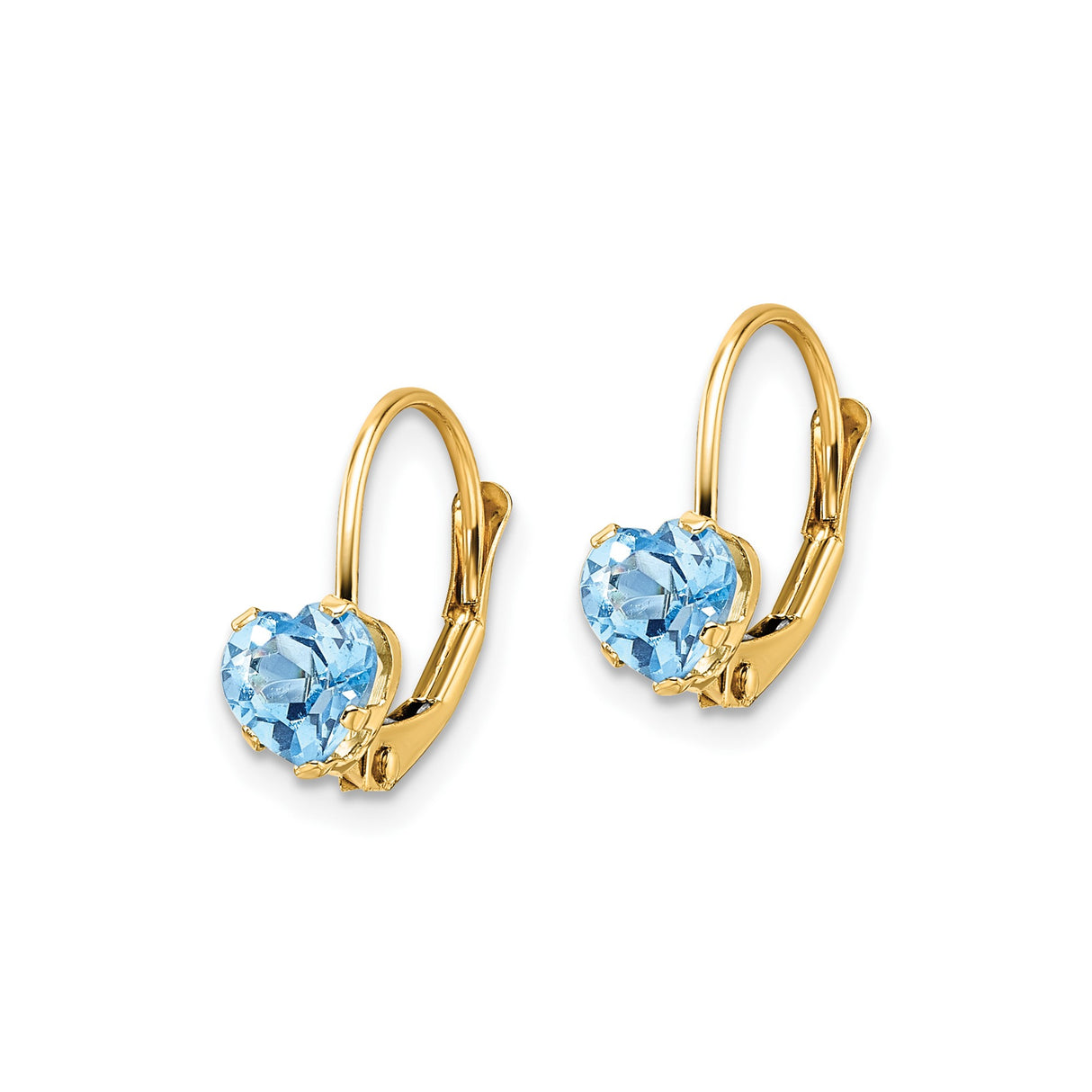 14k Yellow Gold Leverback Earrings with Heart Shaped Swiss Blue Topaz, Romantic Jewelry for Women