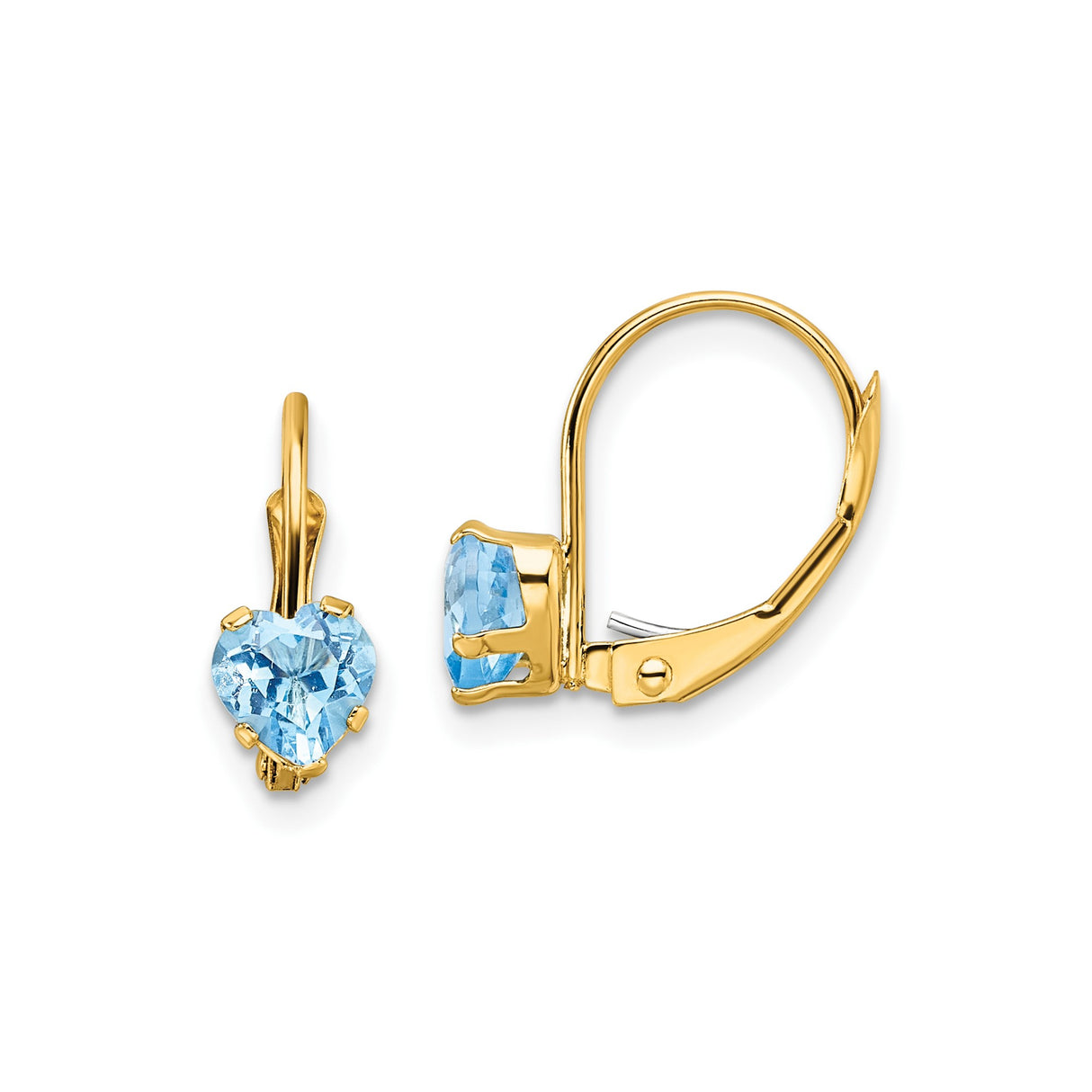 14k Yellow Gold Leverback Earrings with Heart Shaped Swiss Blue Topaz, Romantic Jewelry for Women