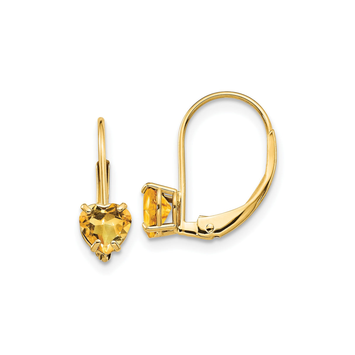 14k Yellow Gold Heart Shaped Citrine Leverback Earrings for Women
