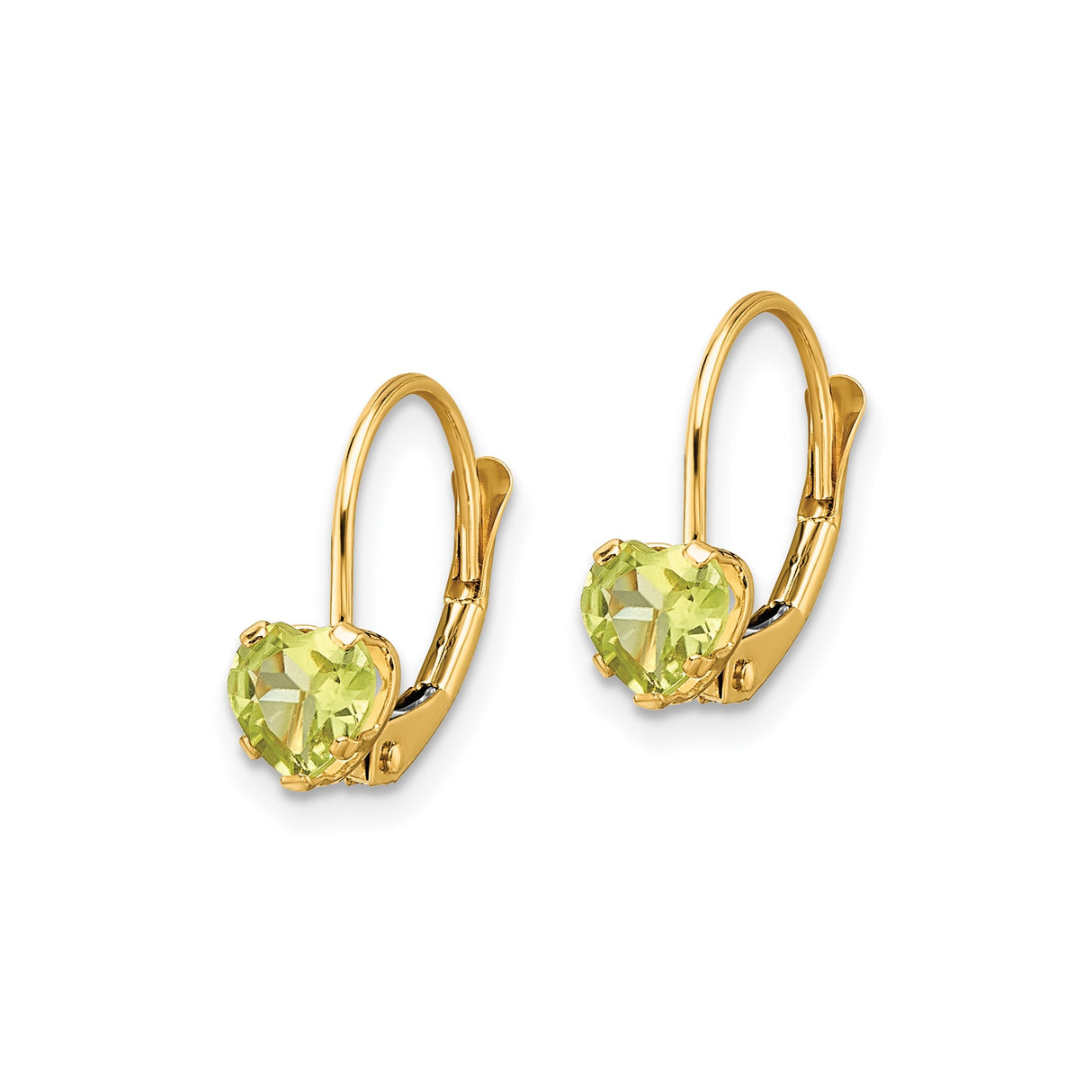 14k Yellow Gold Leverback Earrings with Heart Shaped Peridot, Romantic Drop Design