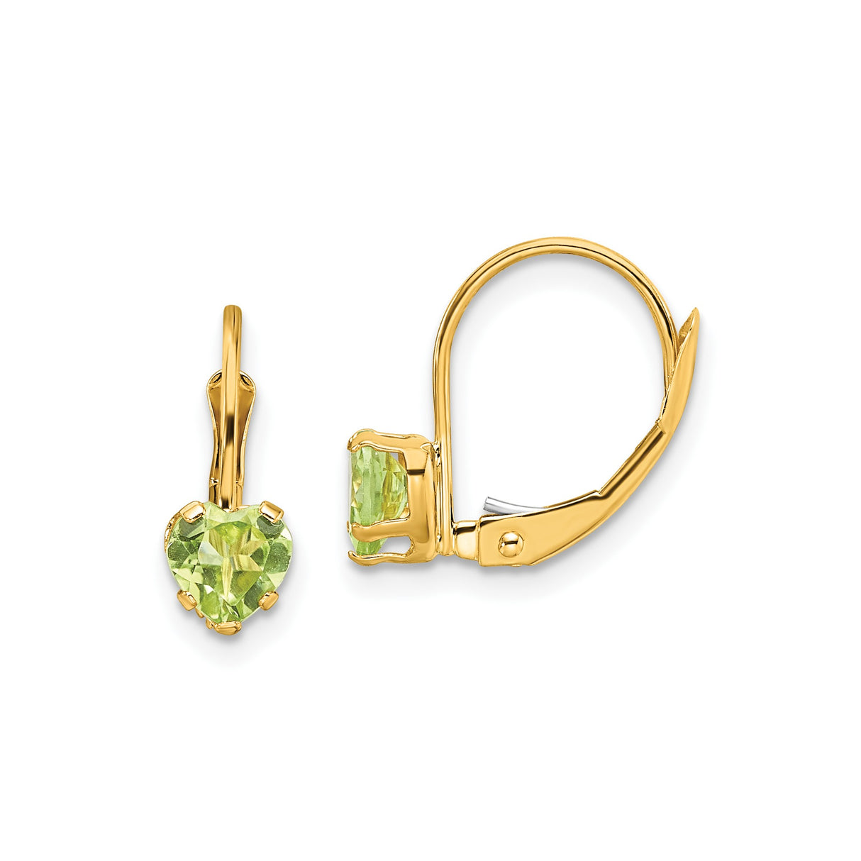 14k Yellow Gold Leverback Earrings with Heart Shaped Peridot, Romantic Drop Design