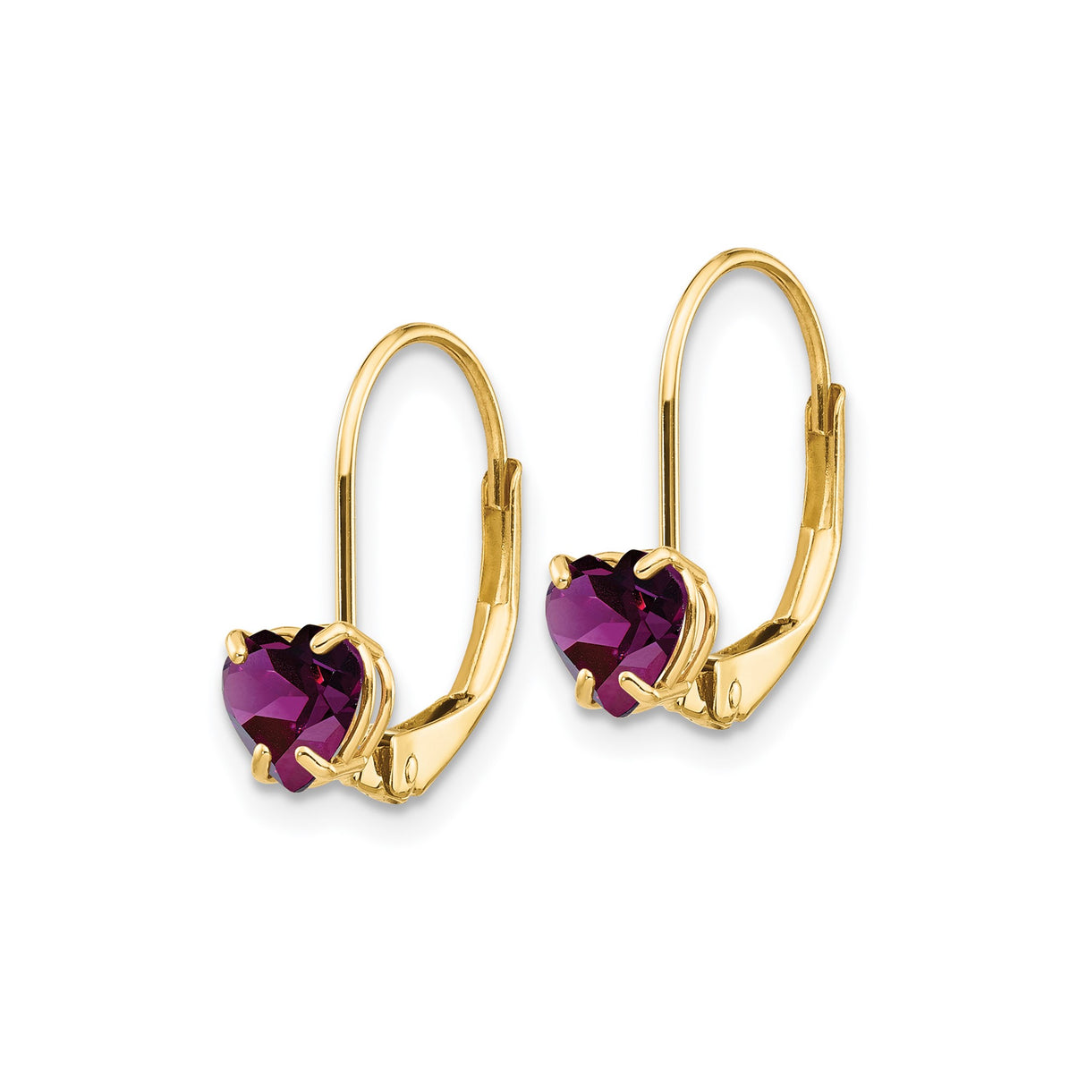 14k Yellow Gold Heart Drop Earrings with Purple Rhodolite Garnet Leverbacks for Women