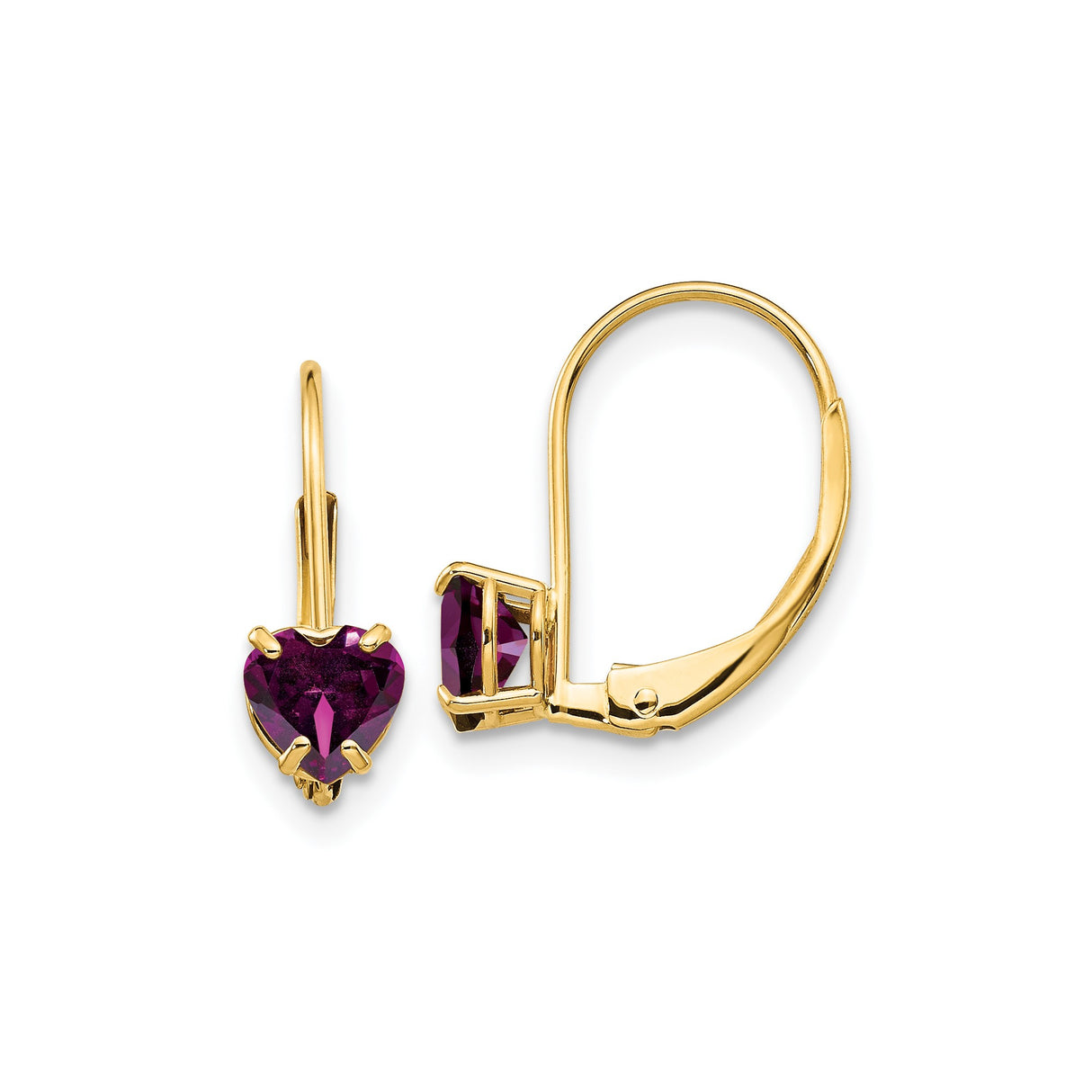 14k Yellow Gold Heart Drop Earrings with Purple Rhodolite Garnet Leverbacks for Women