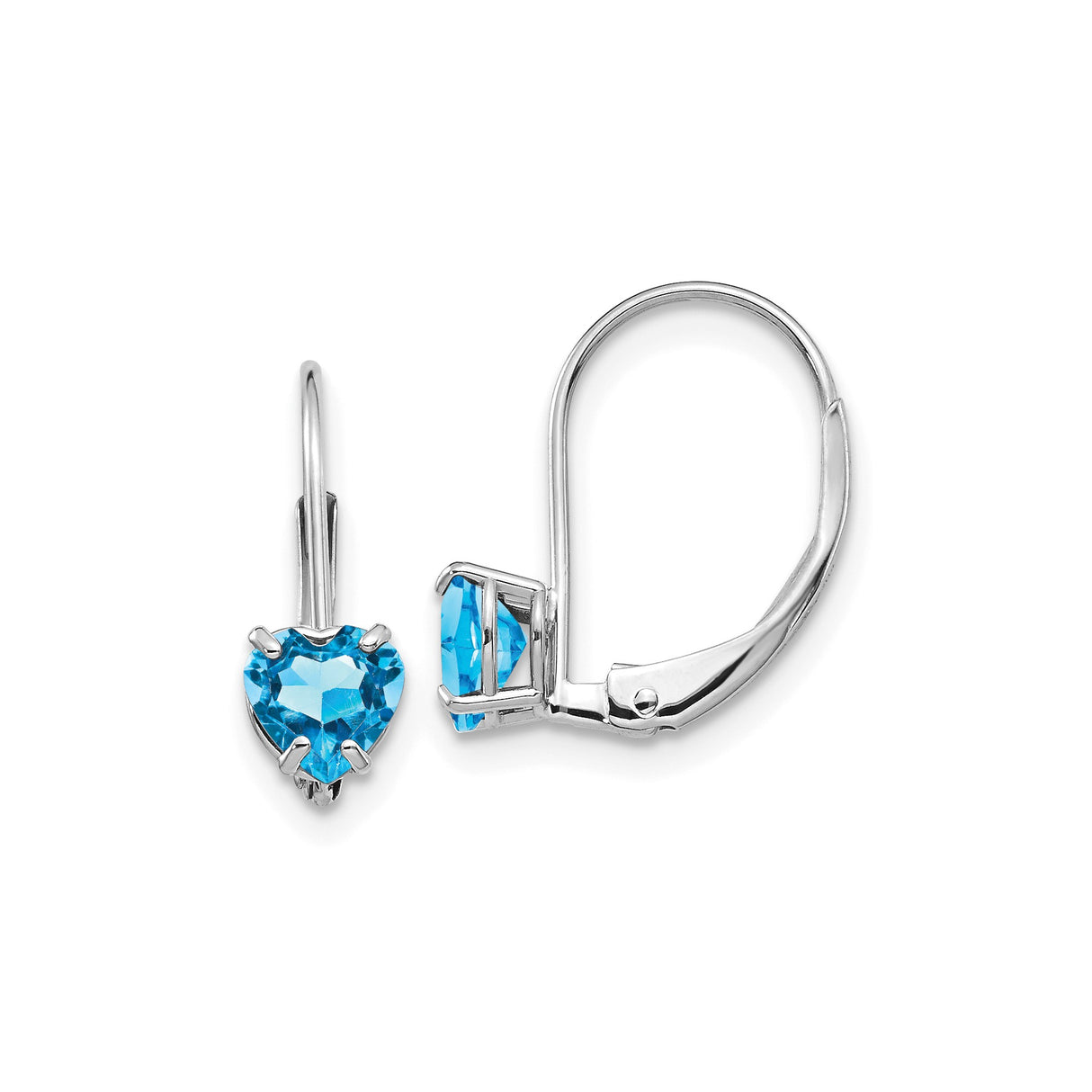14k White Gold Heart Shaped Blue Topaz Leverback Earrings, Romantic Drop Style Jewelry for Women